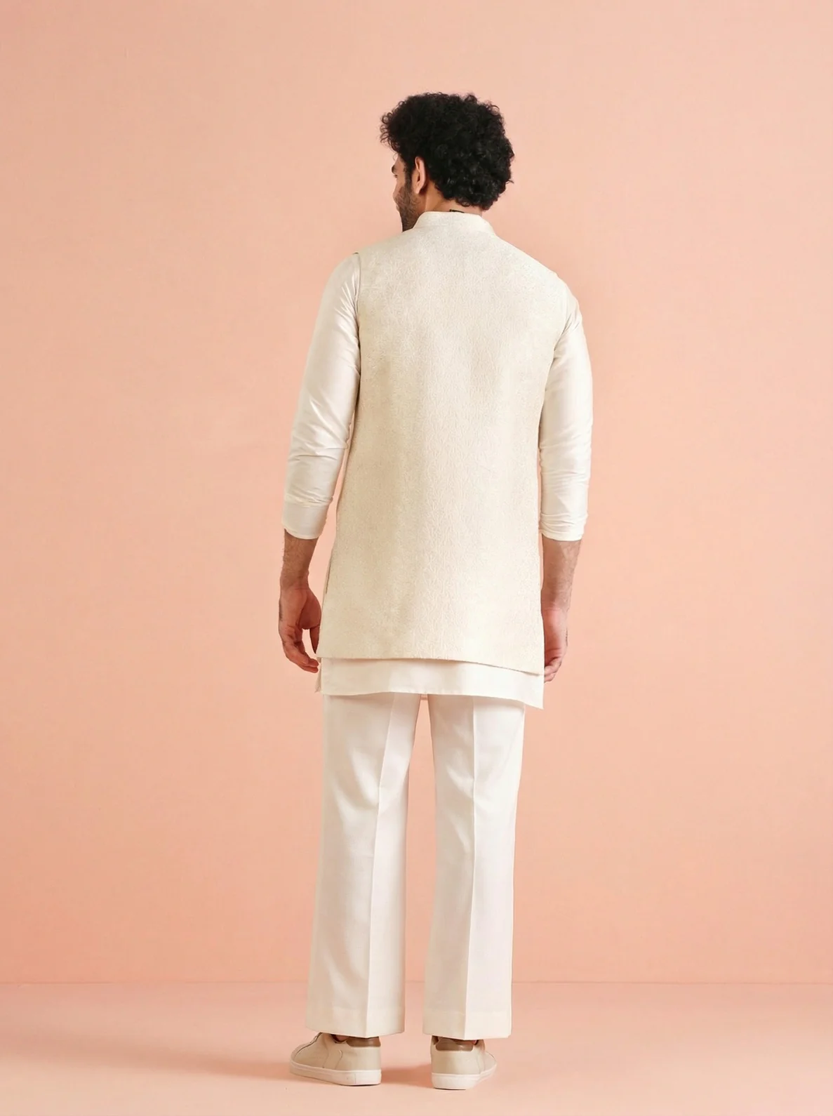 Off White Silk Blend Jacquard Mid Kurta Front Open Jacket Wide Leg Trouser Set - Image 3