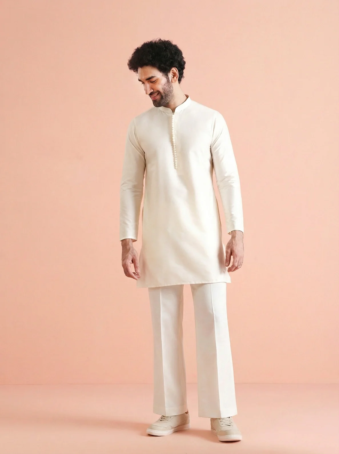 Off White Silk Blend Jacquard Mid Kurta Front Open Jacket Wide Leg Trouser Set - Image 6