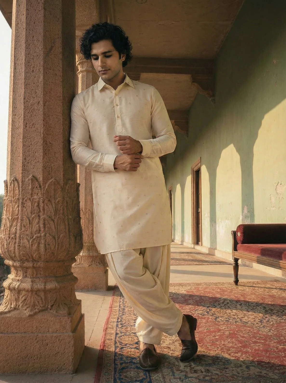 Off-White Viscose Embroidered Pathani Kurta