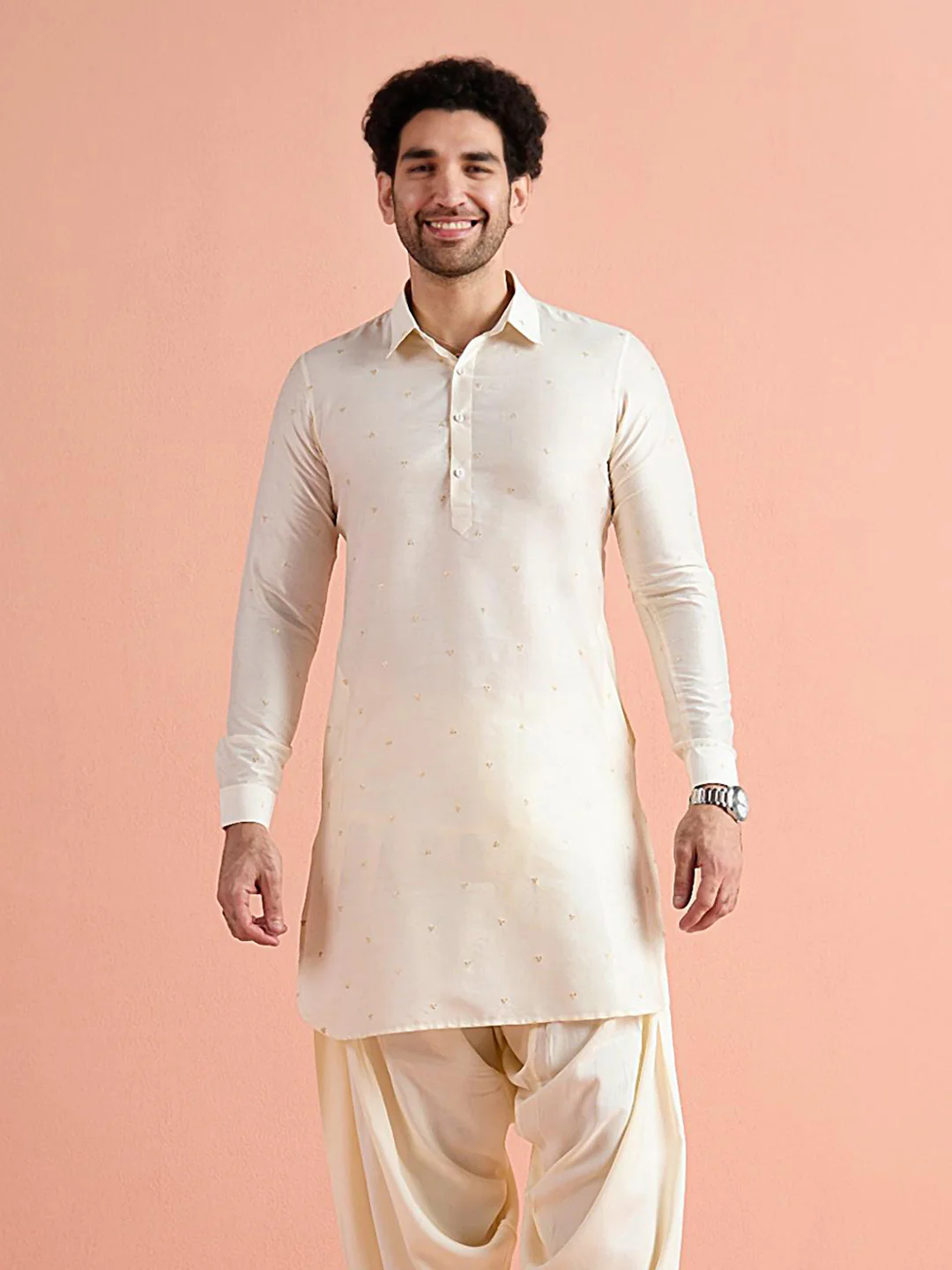 Off-White Viscose Embroidered Pathani Kurta - Image 2