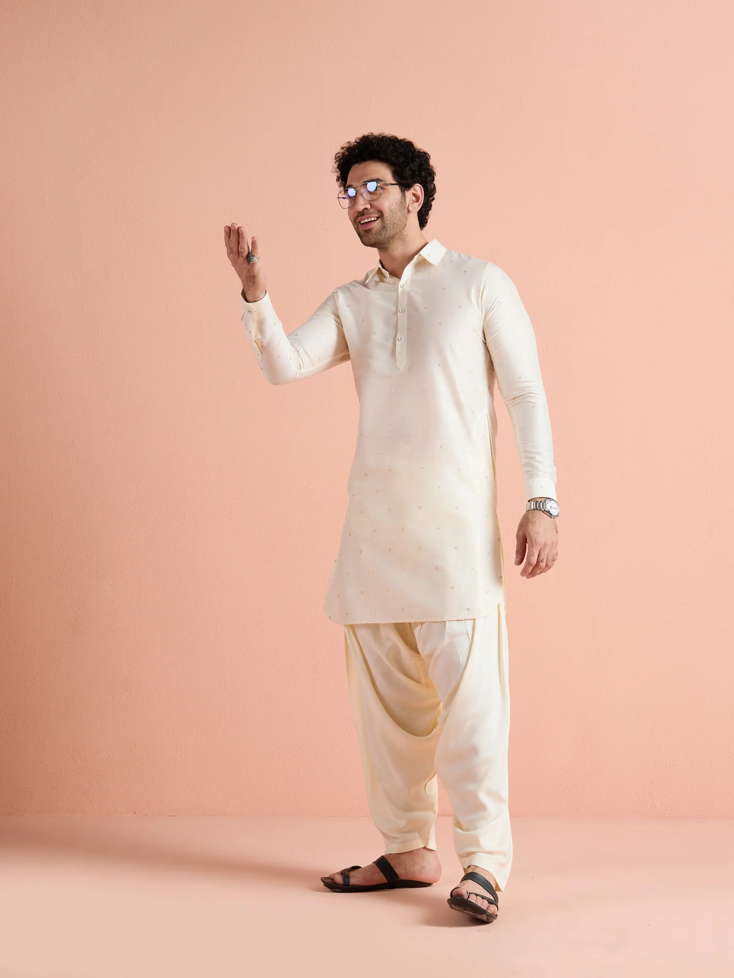 Off-White Viscose Embroidered Pathani Kurta - Image 3