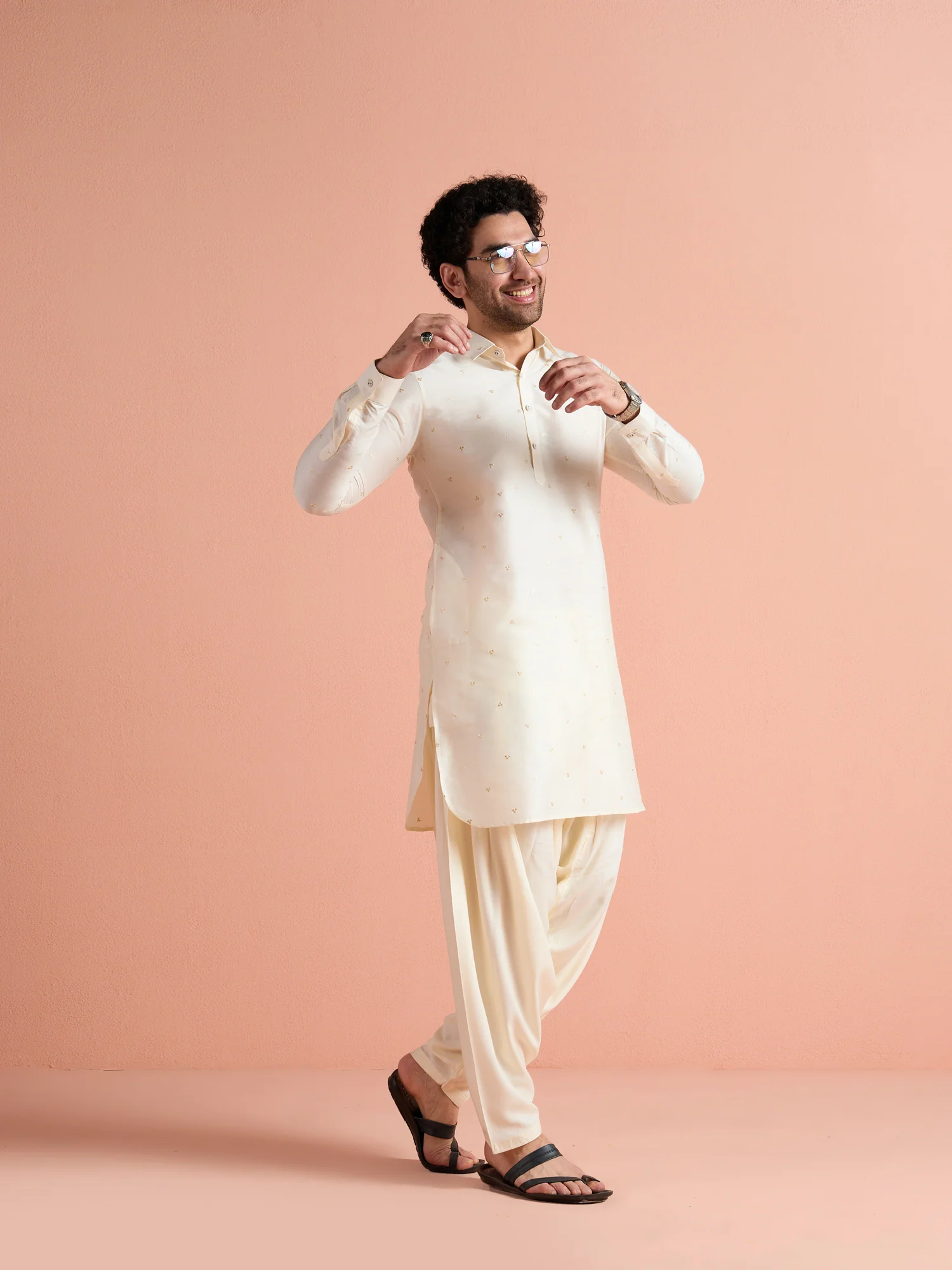 Off-White Viscose Embroidered Pathani Kurta - Image 4