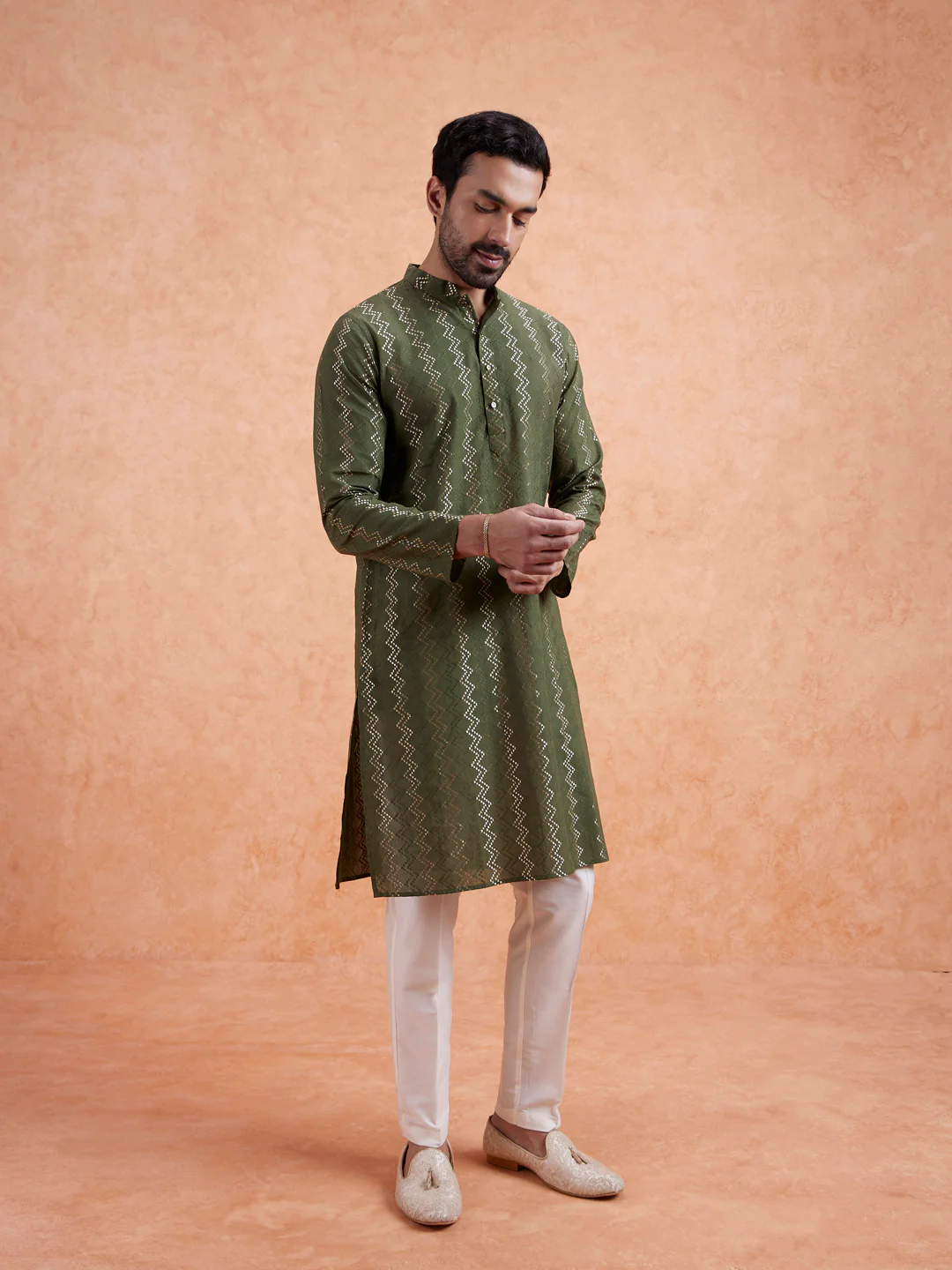 Green Silk Blend Woven Long Kurta Trouser Set