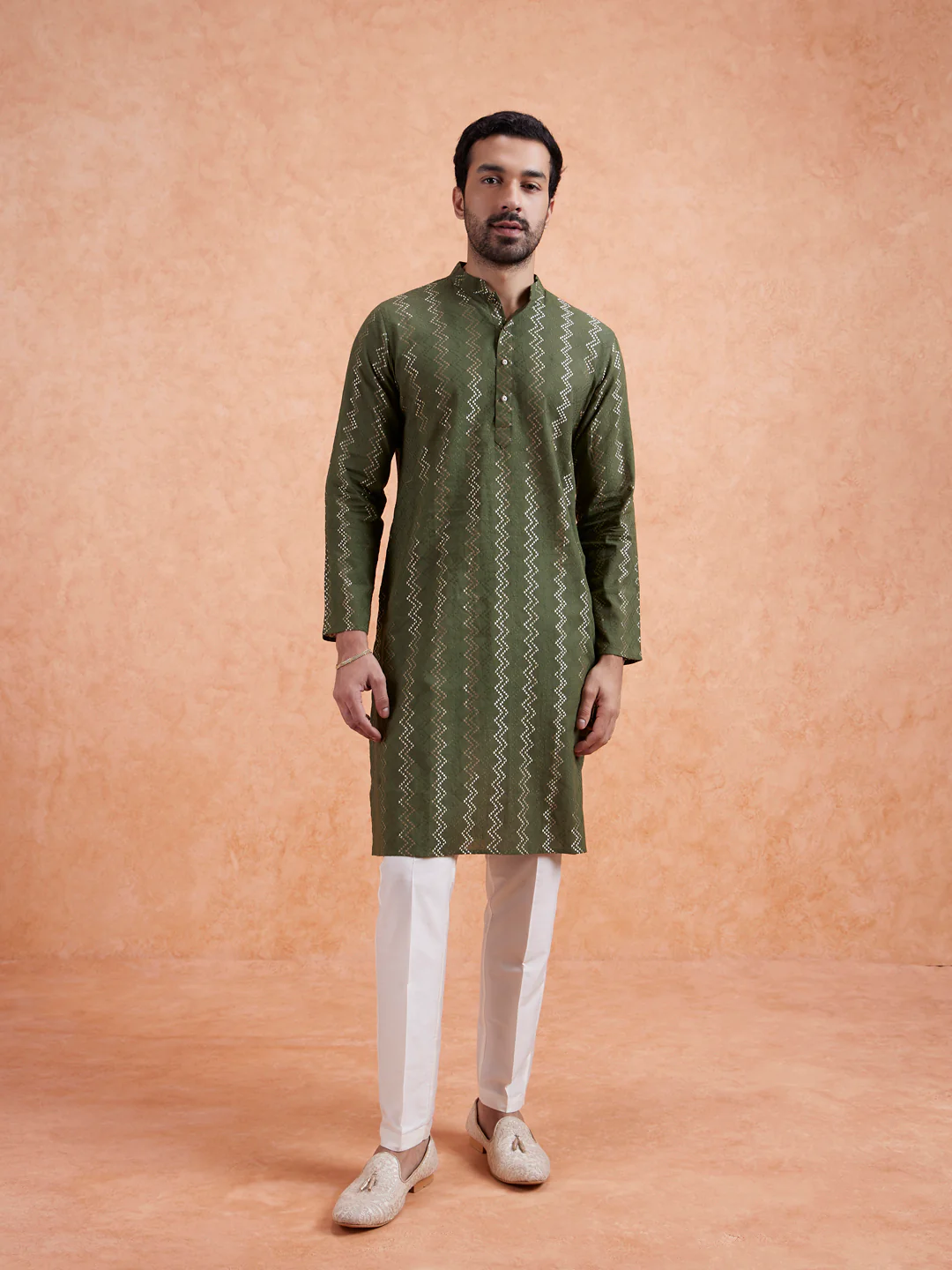Green Silk Blend Woven Long Kurta Trouser Set - Image 2