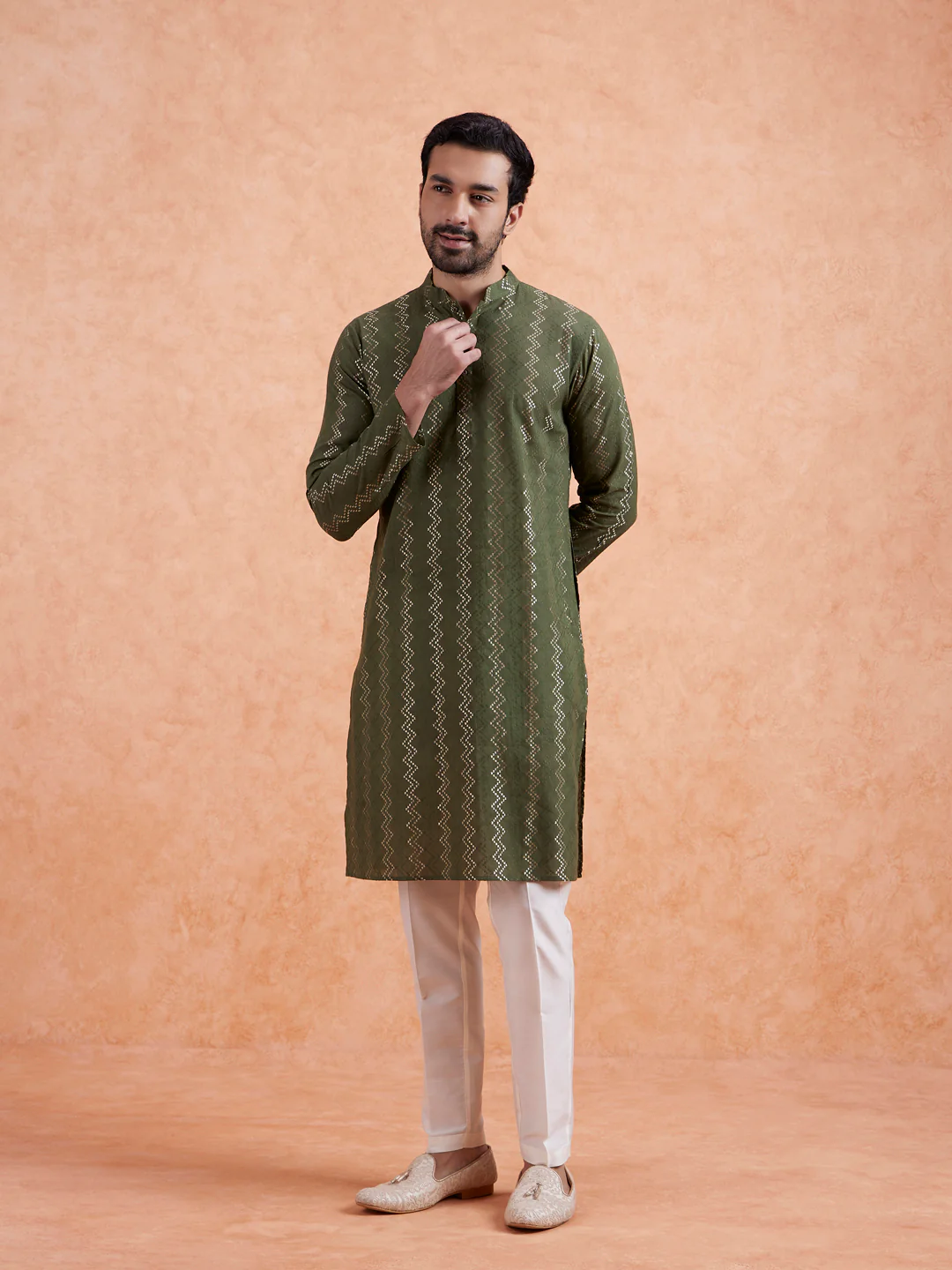 Green Silk Blend Woven Long Kurta Trouser Set - Image 3