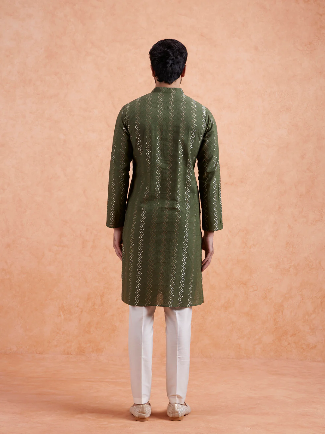 Green Silk Blend Woven Long Kurta Trouser Set - Image 4