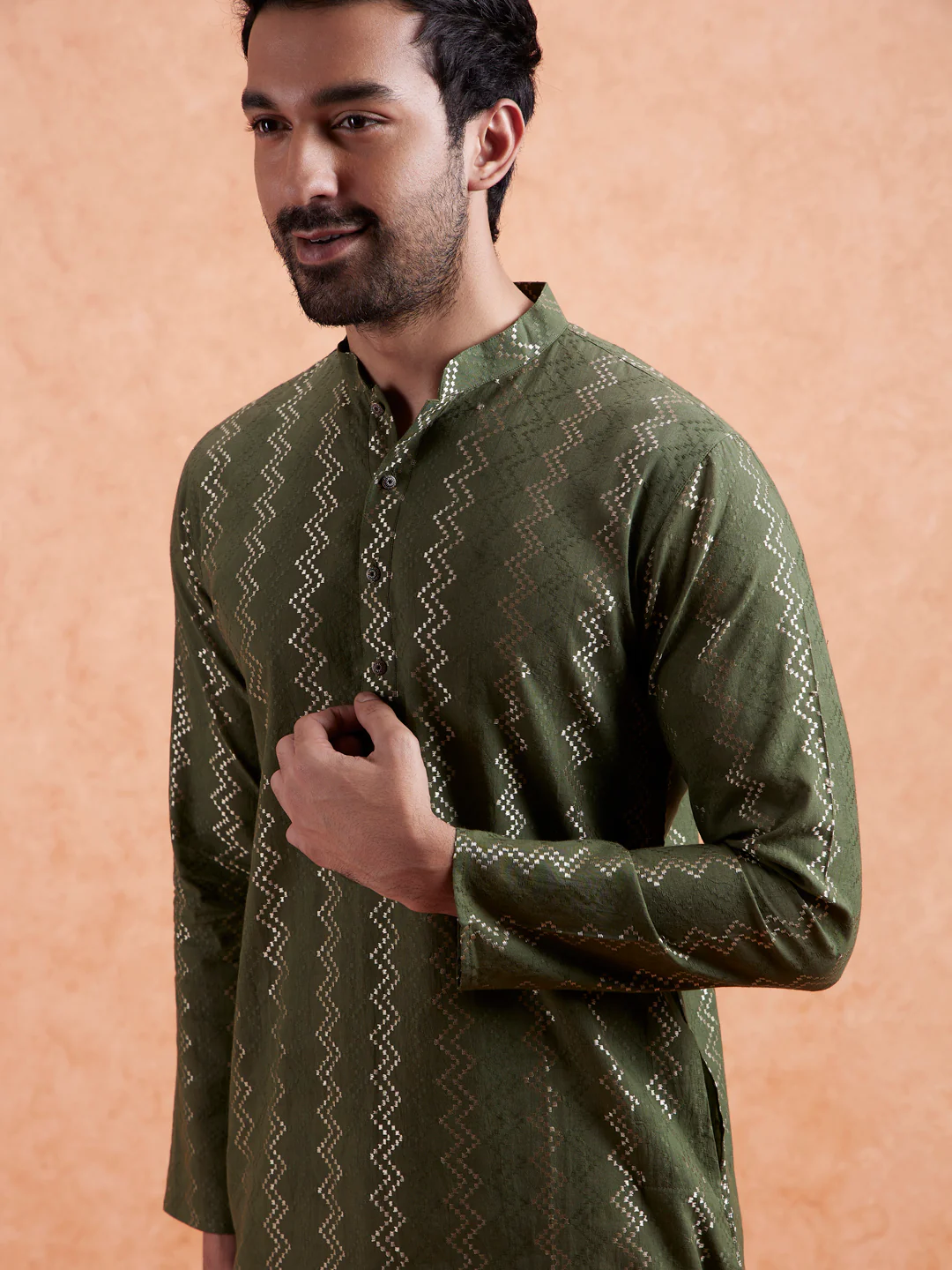 Green Silk Blend Woven Long Kurta Trouser Set - Image 5