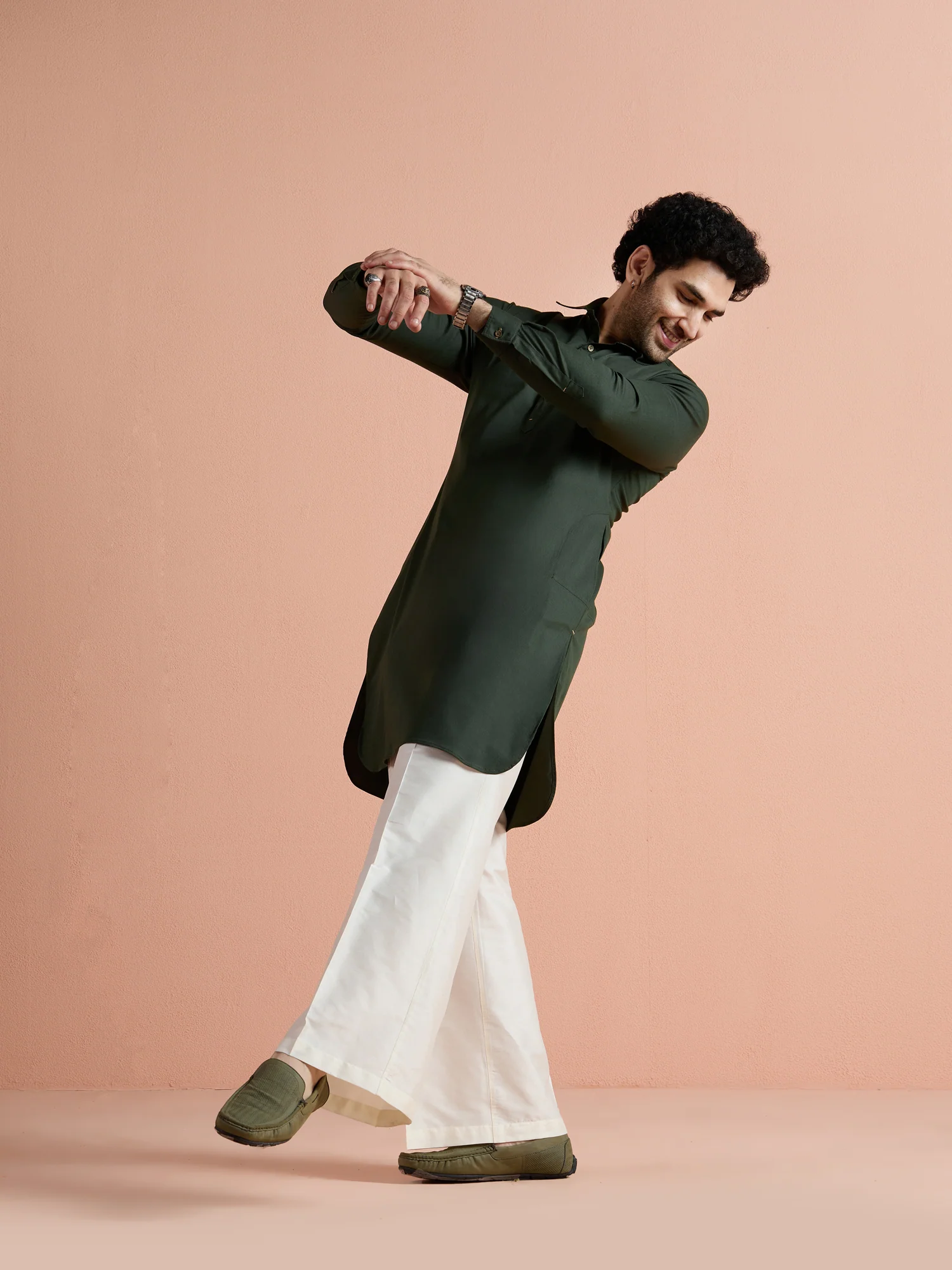Olive Denim Solid Pathani Kurta Wide Leg Pant Set - Image 3