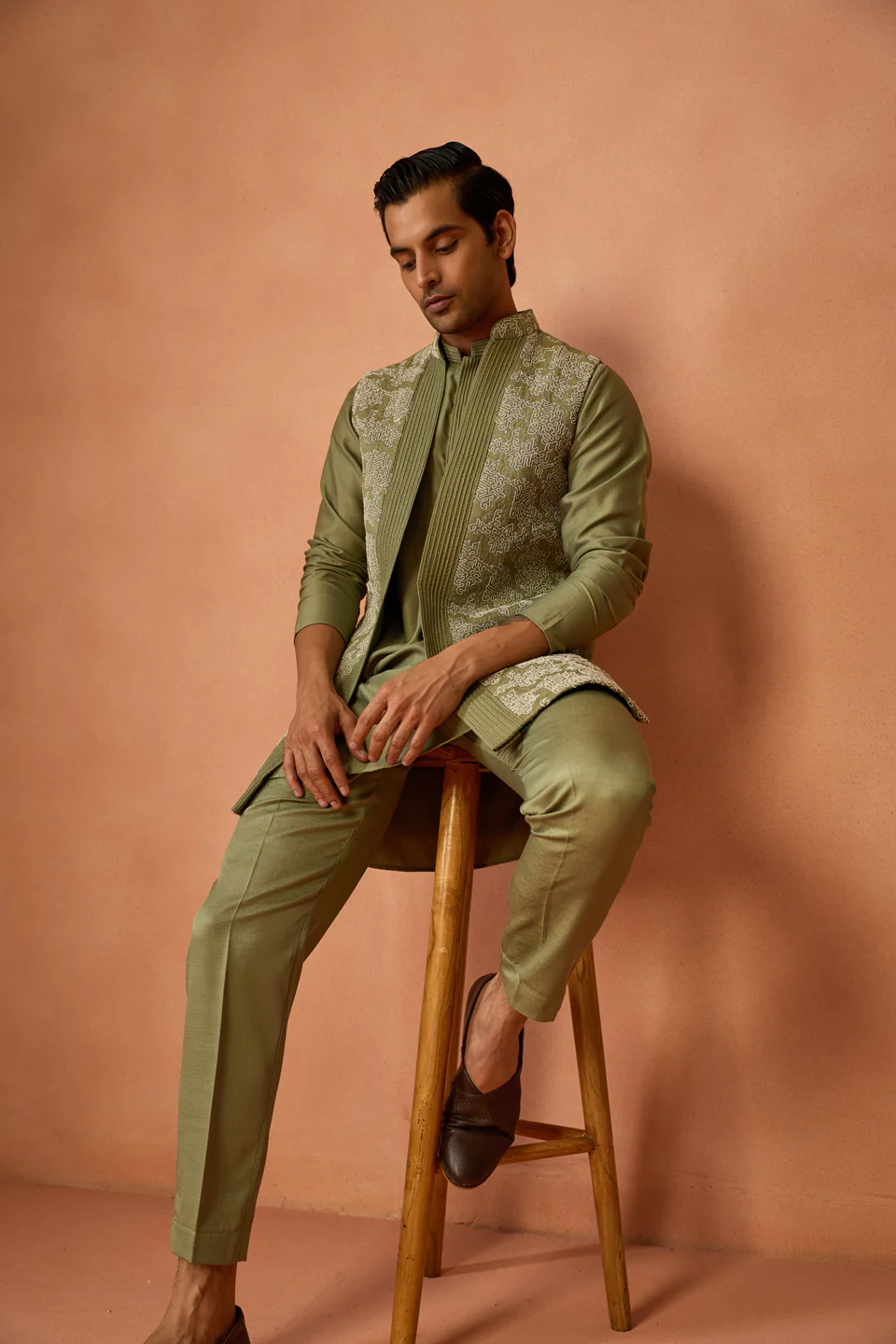 Olive Green Embroidered Long Jacket Kurta Trouser Set