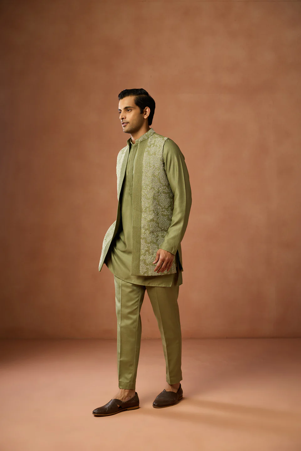 Olive Green Embroidered Long Jacket Kurta Trouser Set - Image 3