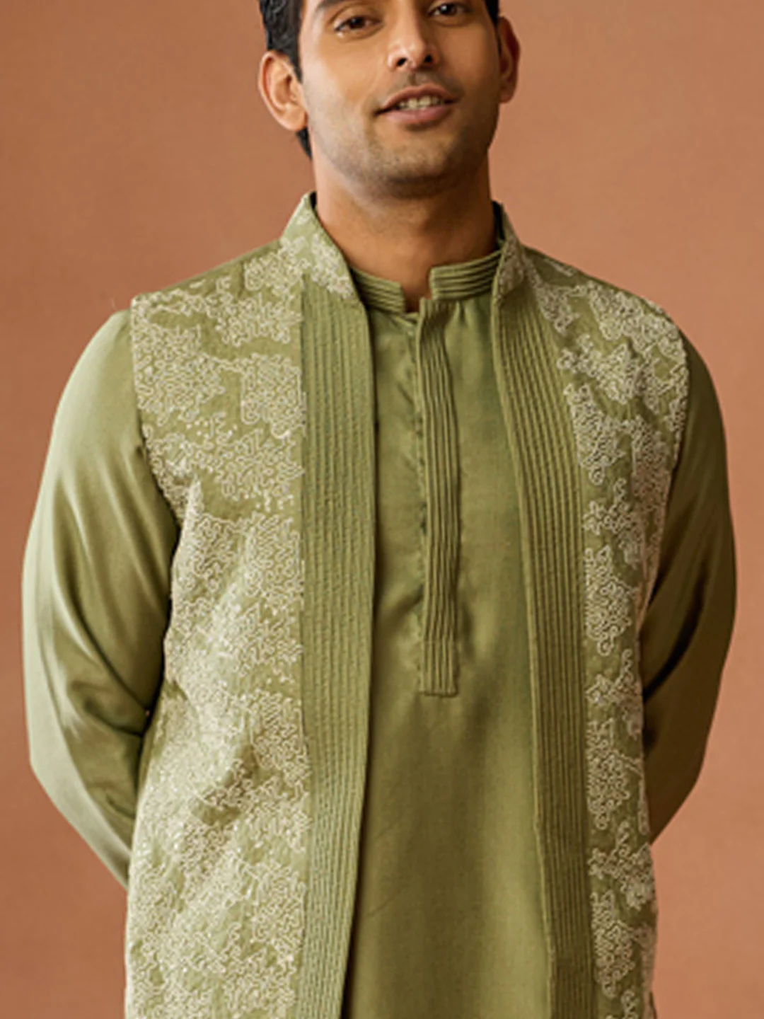 Olive Green Embroidered Long Jacket Kurta Trouser Set - Image 5