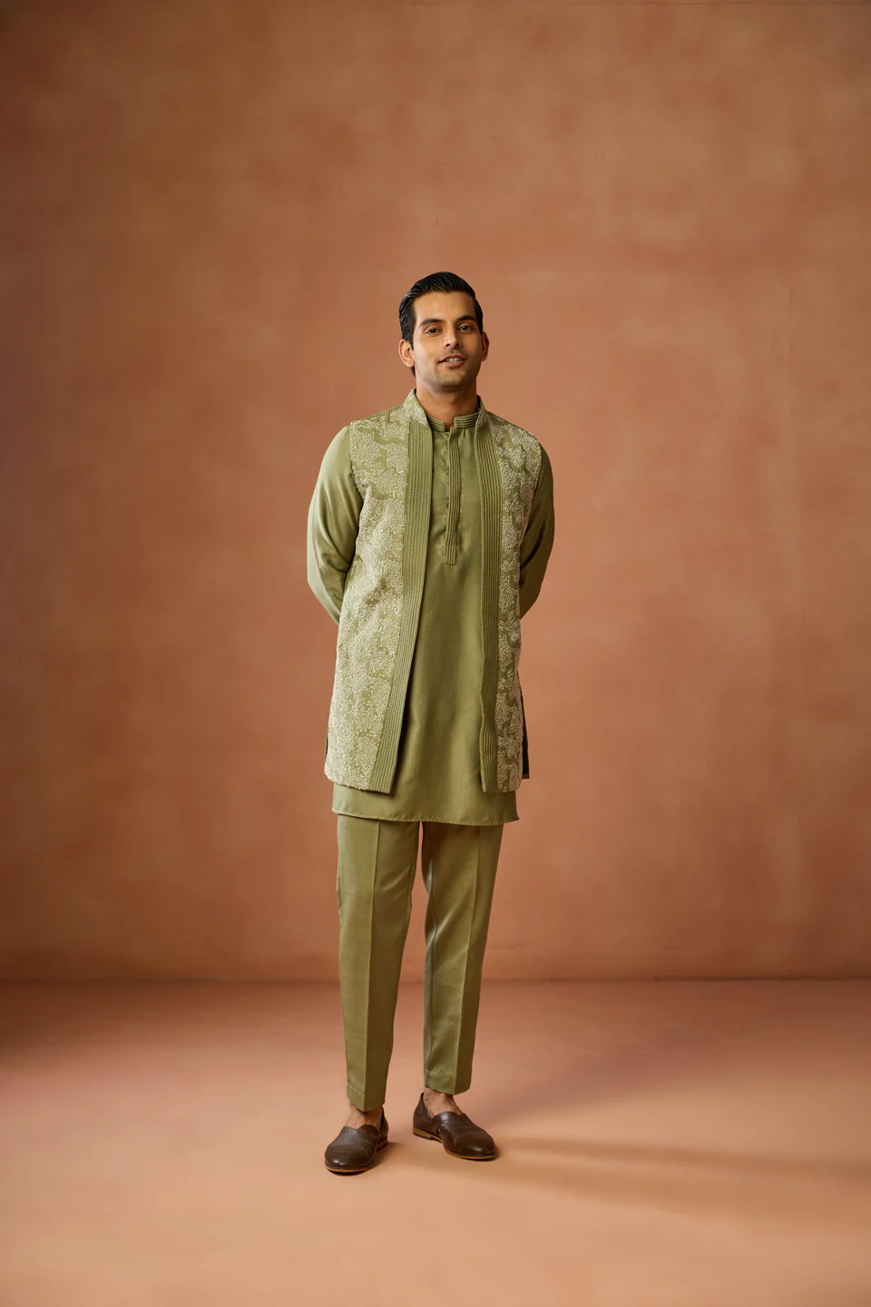Olive Green Embroidered Long Jacket Kurta Trouser Set - Image 6