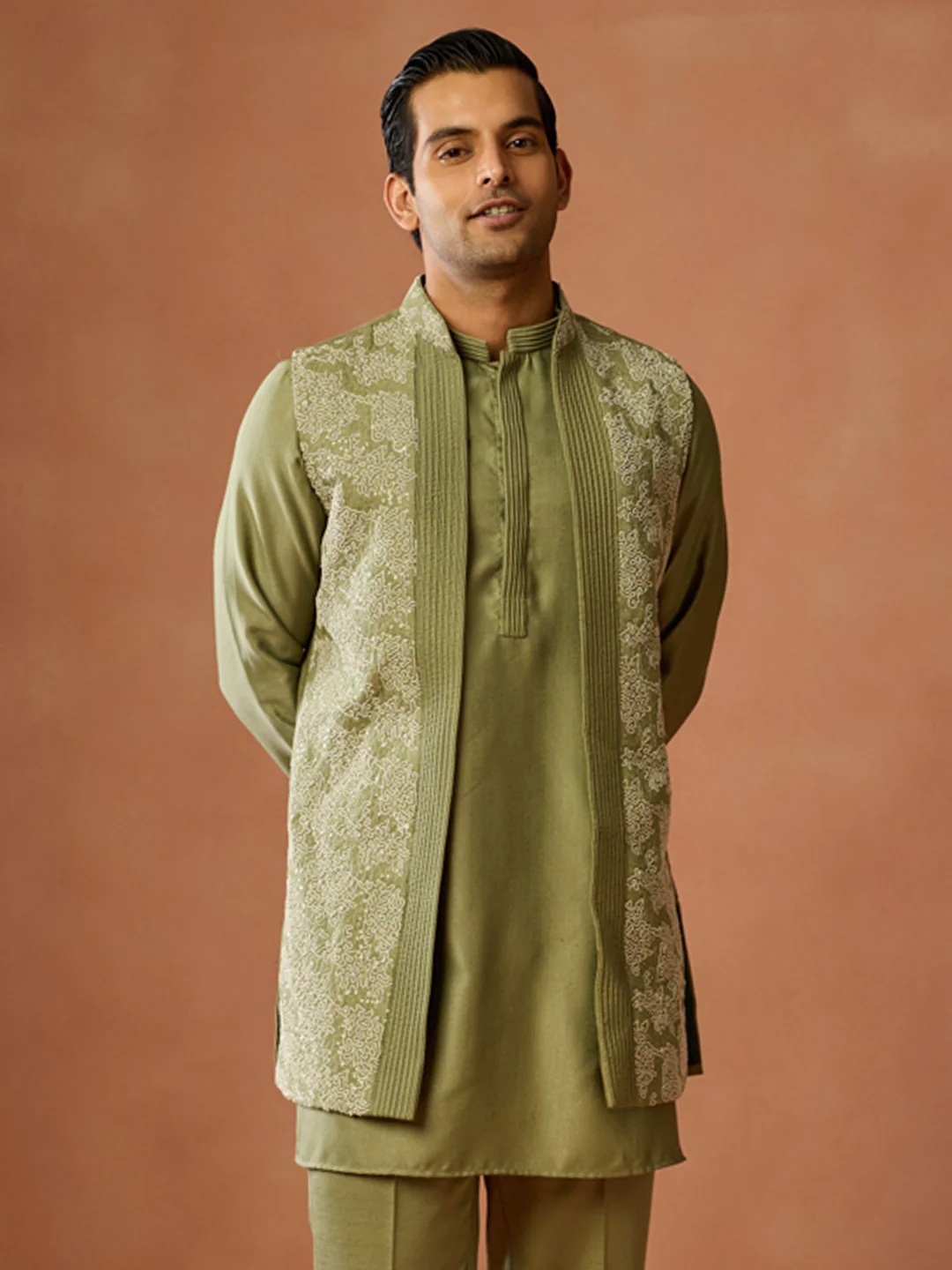 Olive Green Embroidered Long Jacket Kurta Trouser Set - Image 7