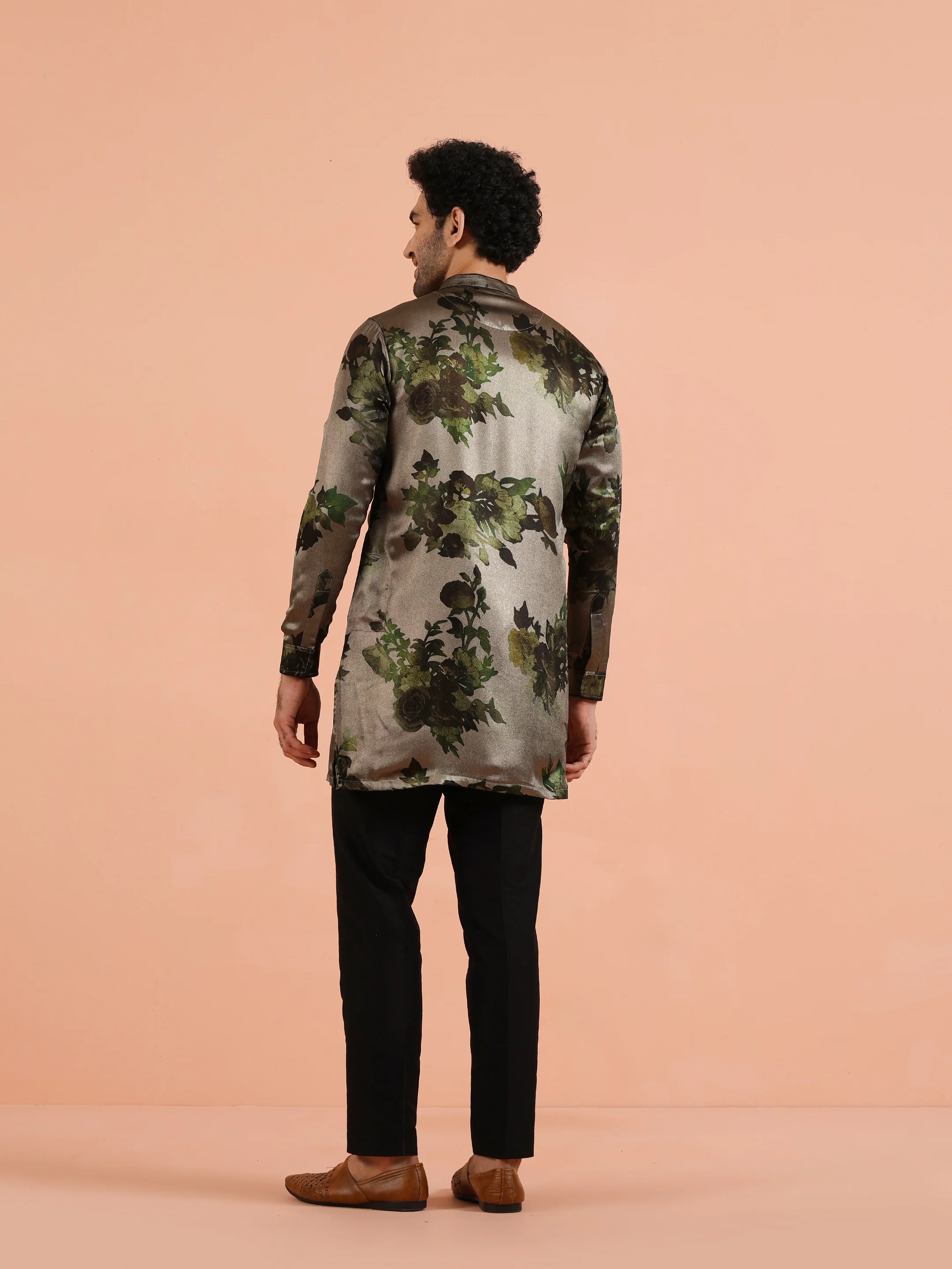 Olive Green Floral Silk Blend Kurta Set - Image 4