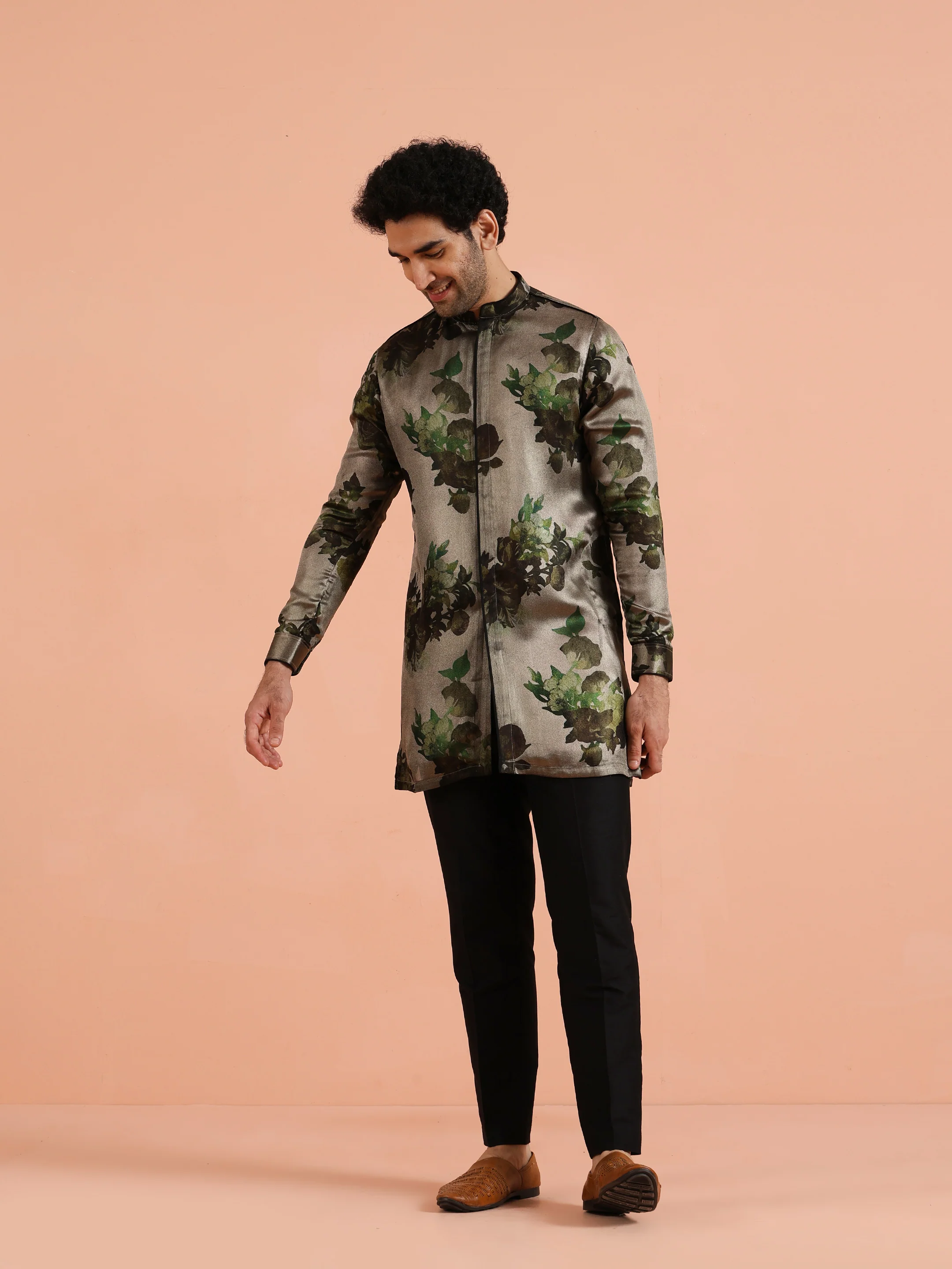 Olive Green Floral Silk Blend Kurta Set - Image 8