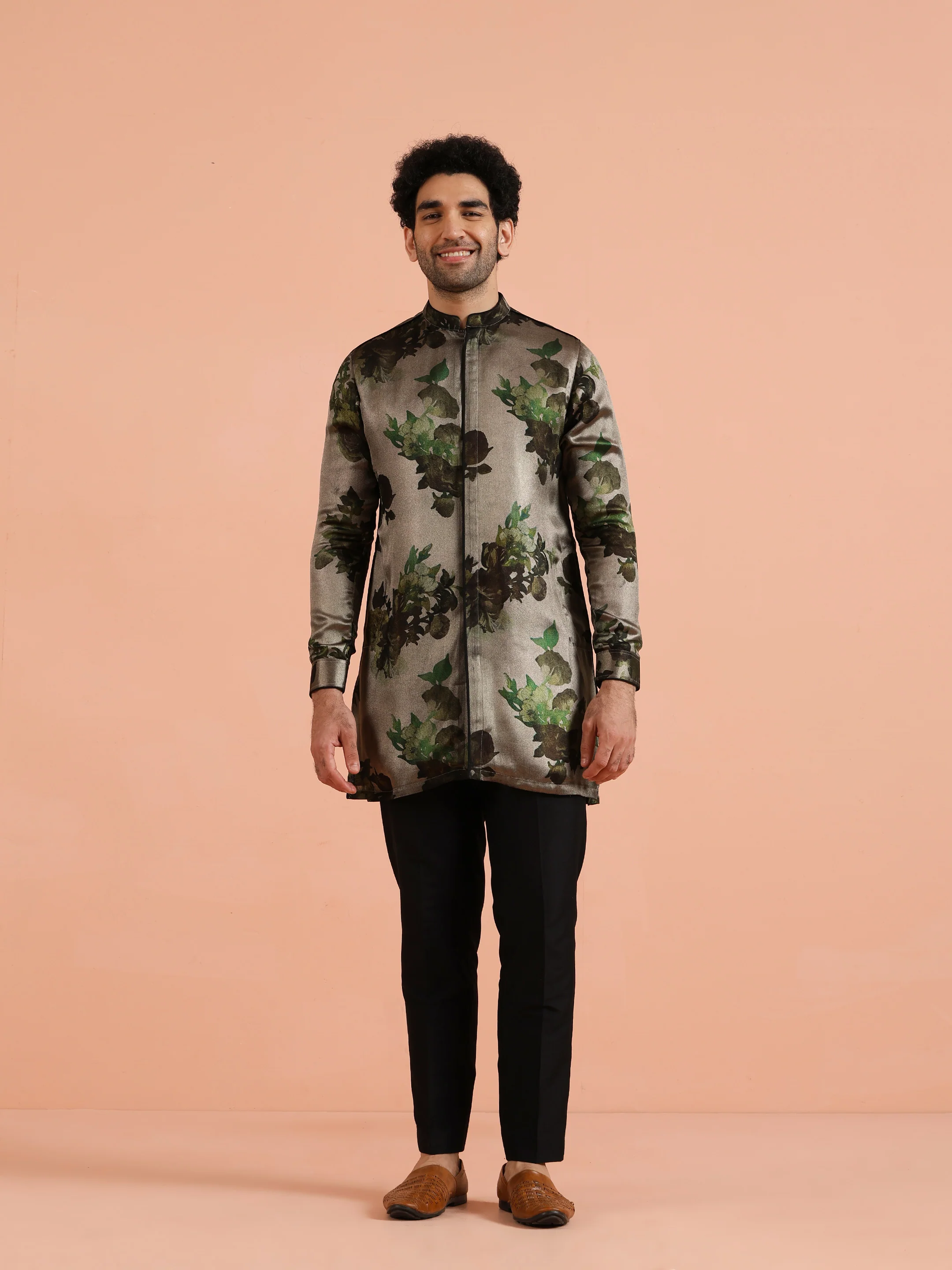 Olive Green Floral Silk Blend Kurta Set - Image 9