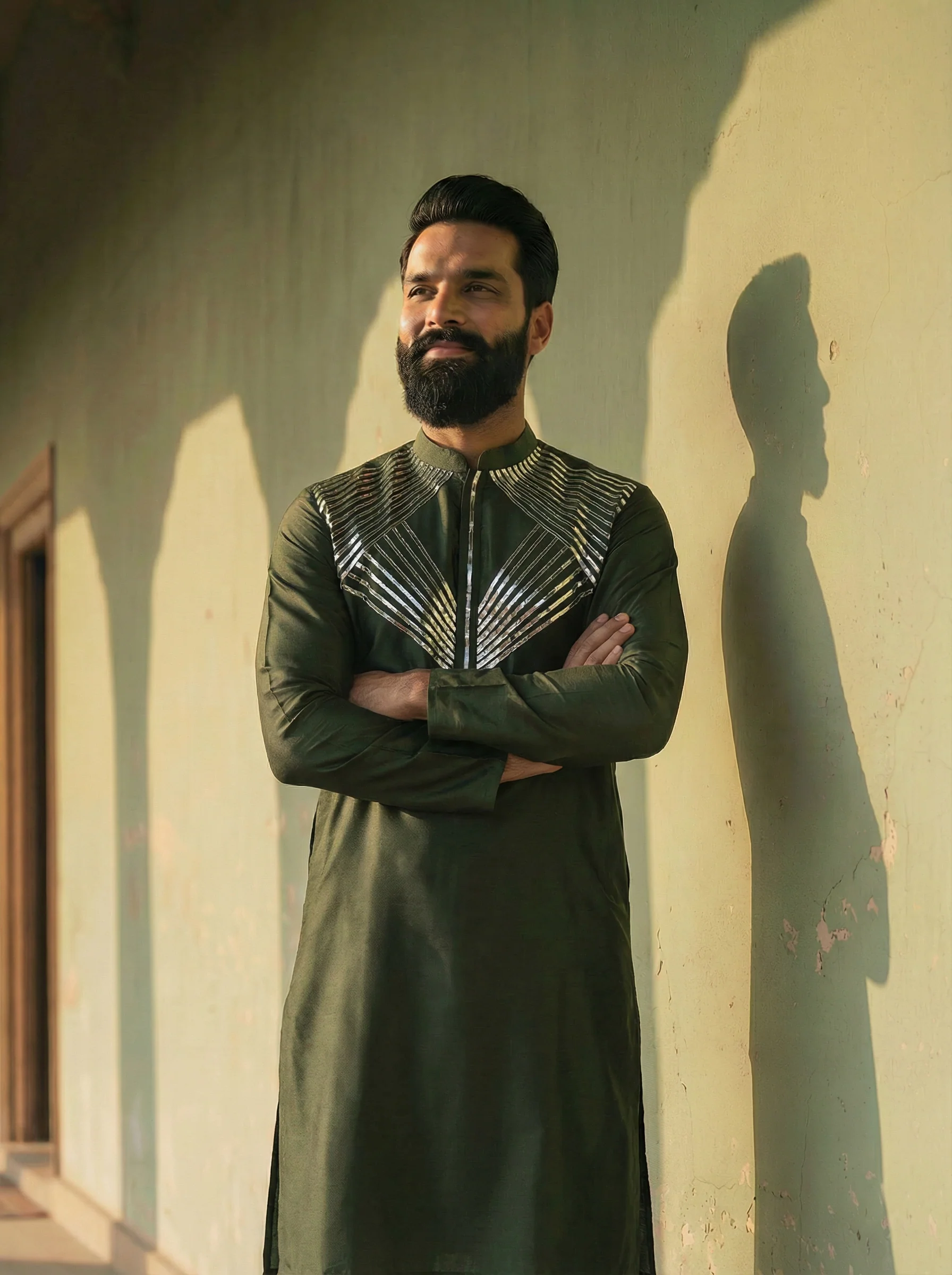 Olive Green Silk Blend Embellished Kurta