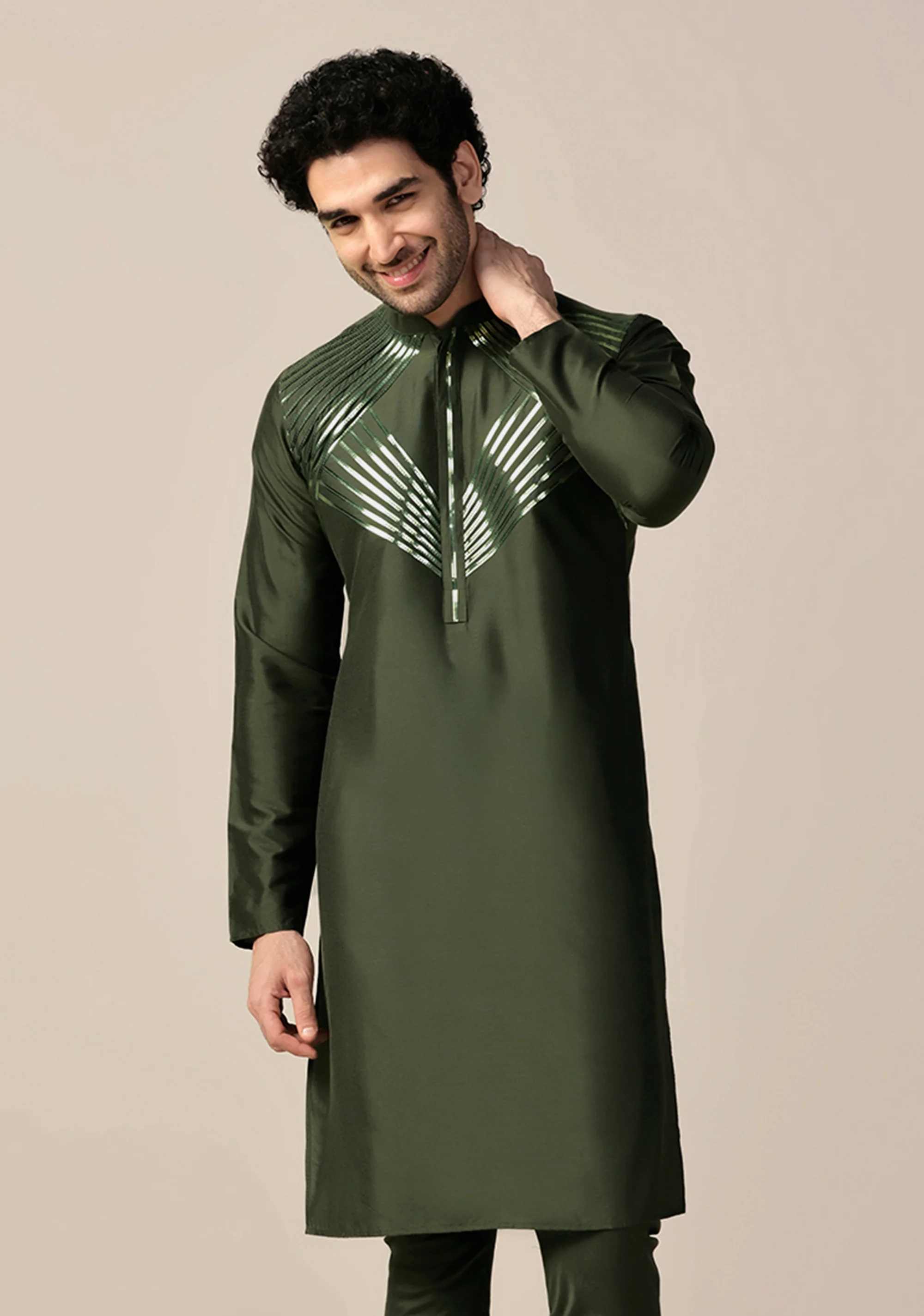 Olive Green Silk Blend Embellished Kurta - Image 7