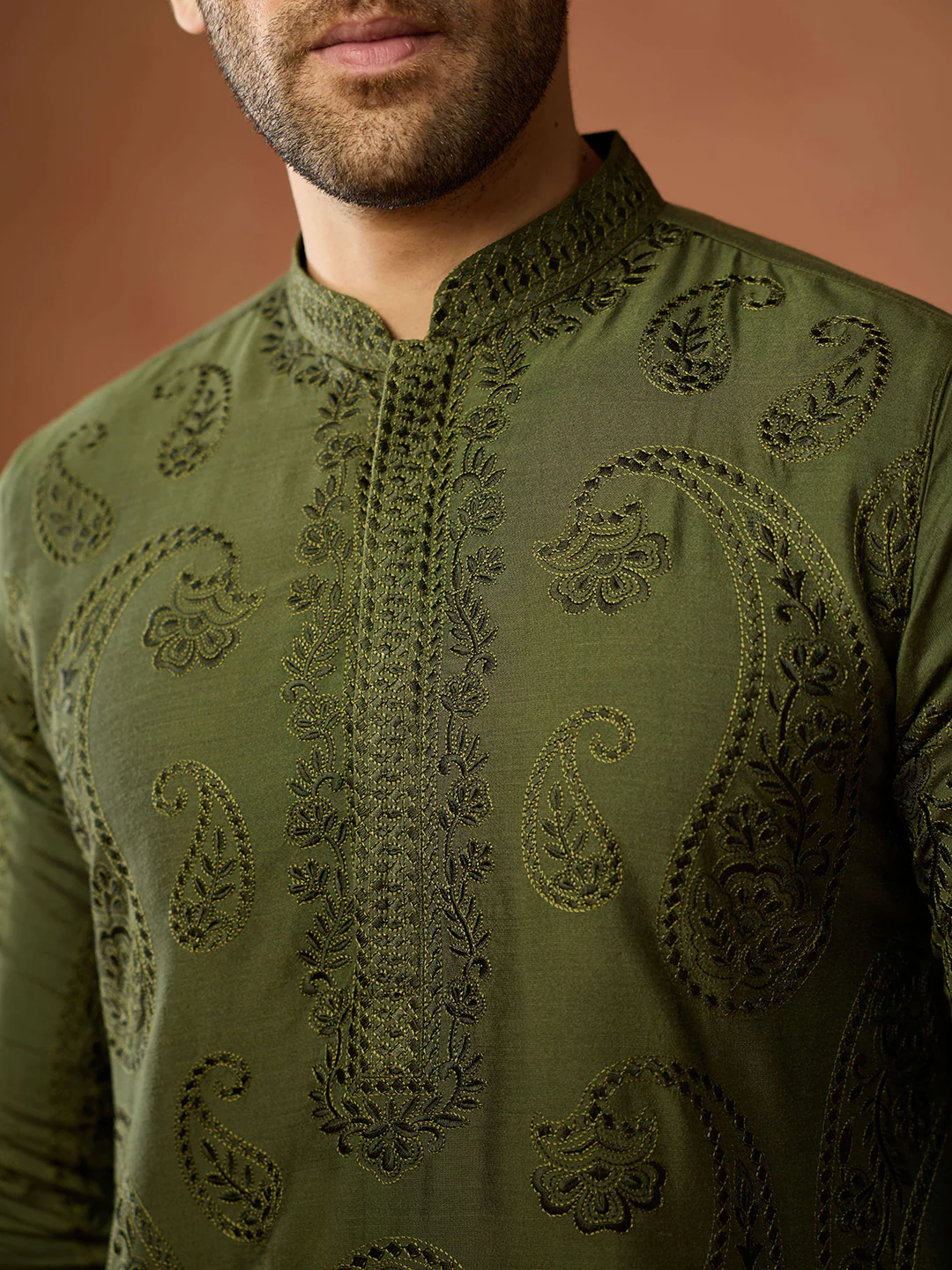 Olive Green Silk Blend Embroidered Kurta - Image 5