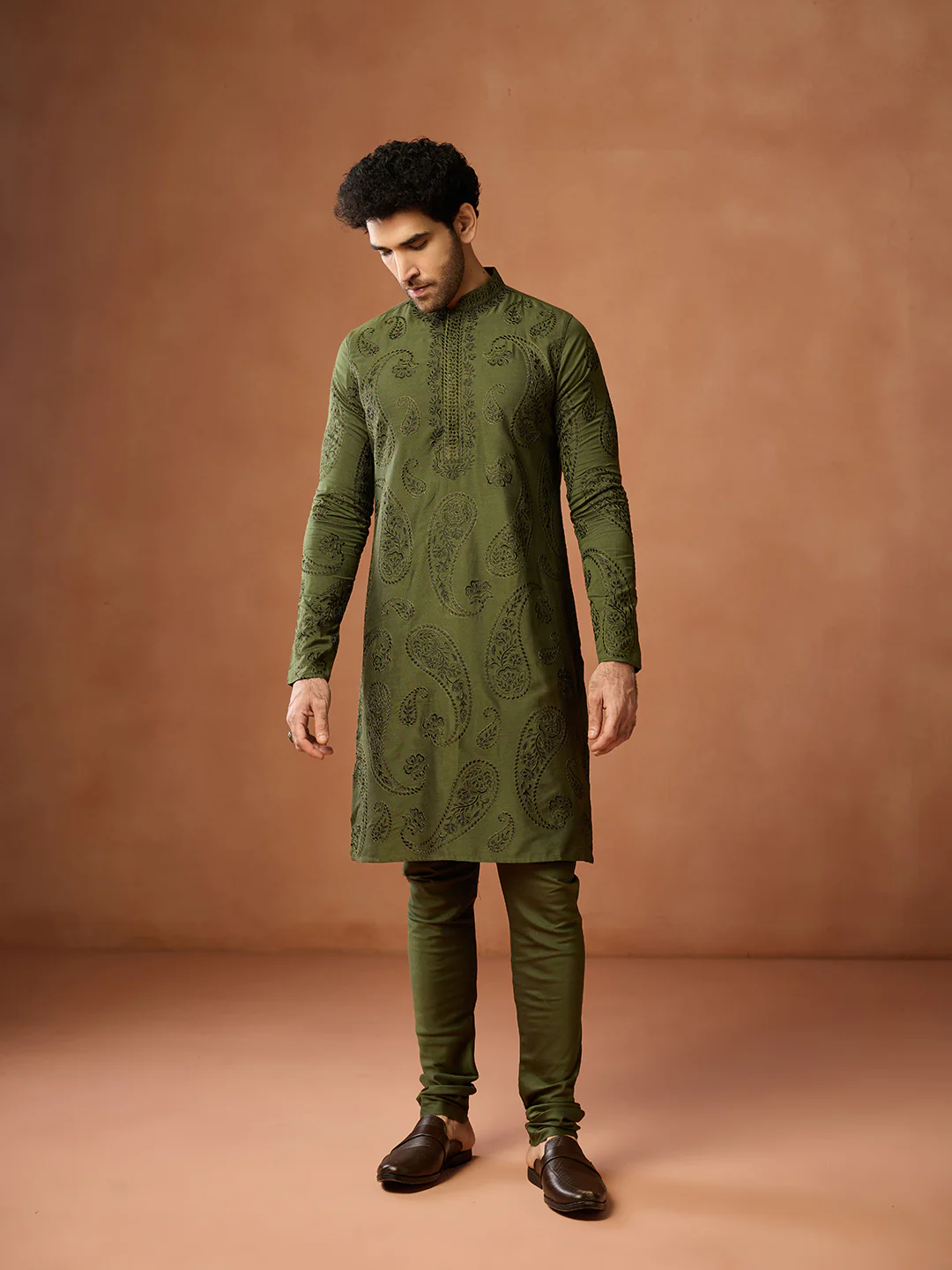 Olive Green Silk Blend Embroidered Kurta - Image 8