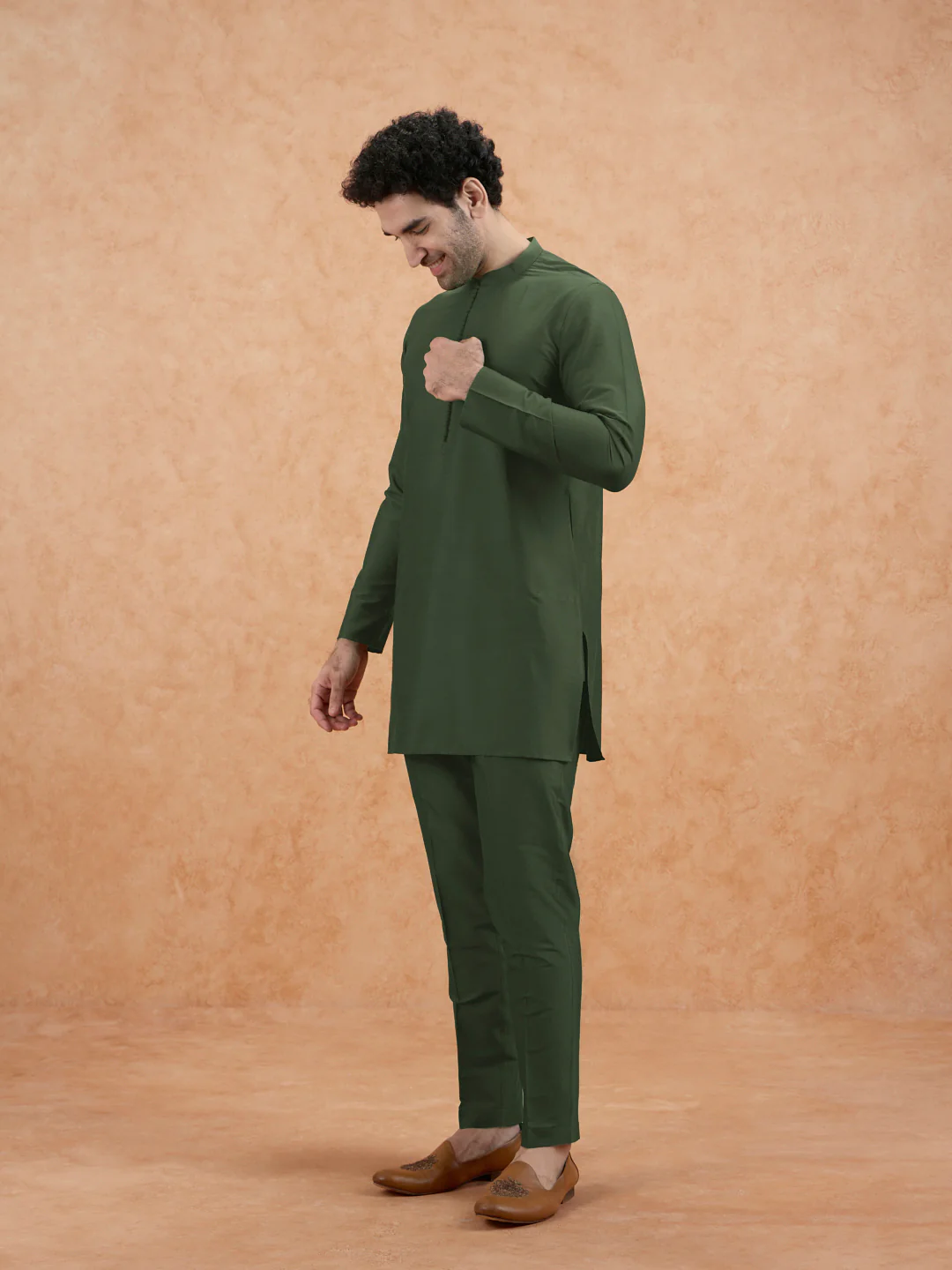 Olive Poly Silk Solid Kurta Trouser Set - Image 2