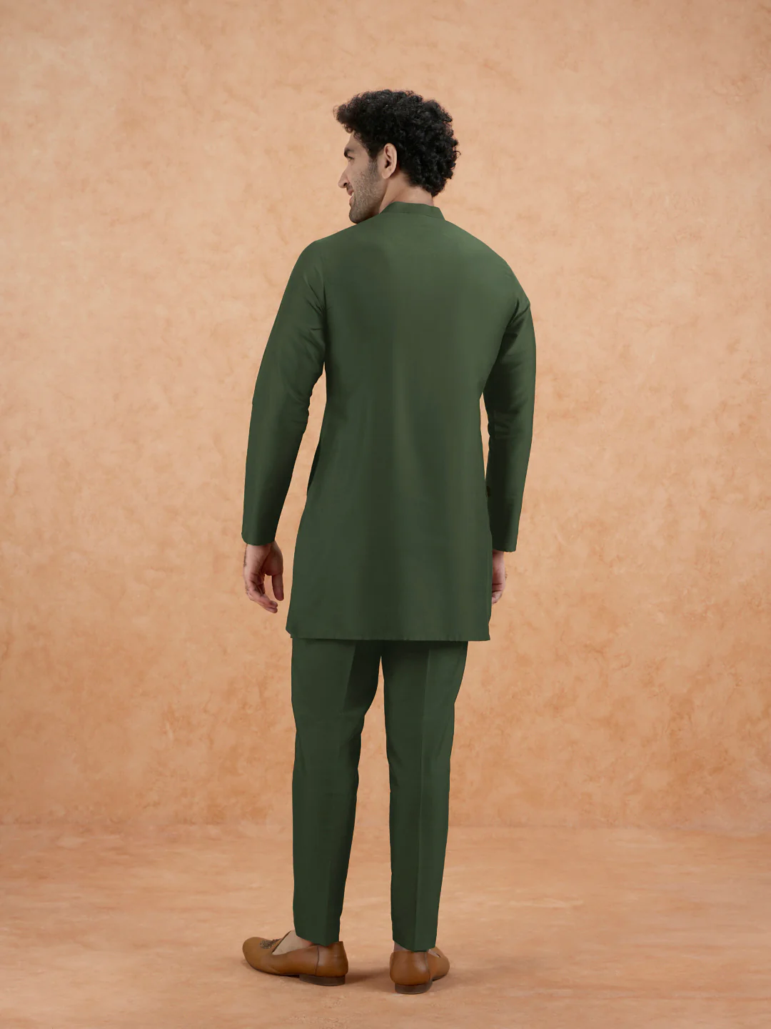 Olive Poly Silk Solid Kurta Trouser Set - Image 4