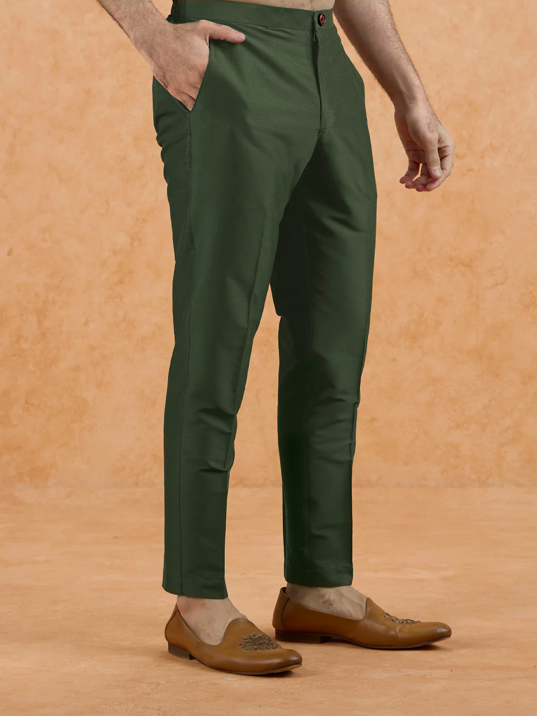 Olive Poly Silk Solid Trousers - Image 3