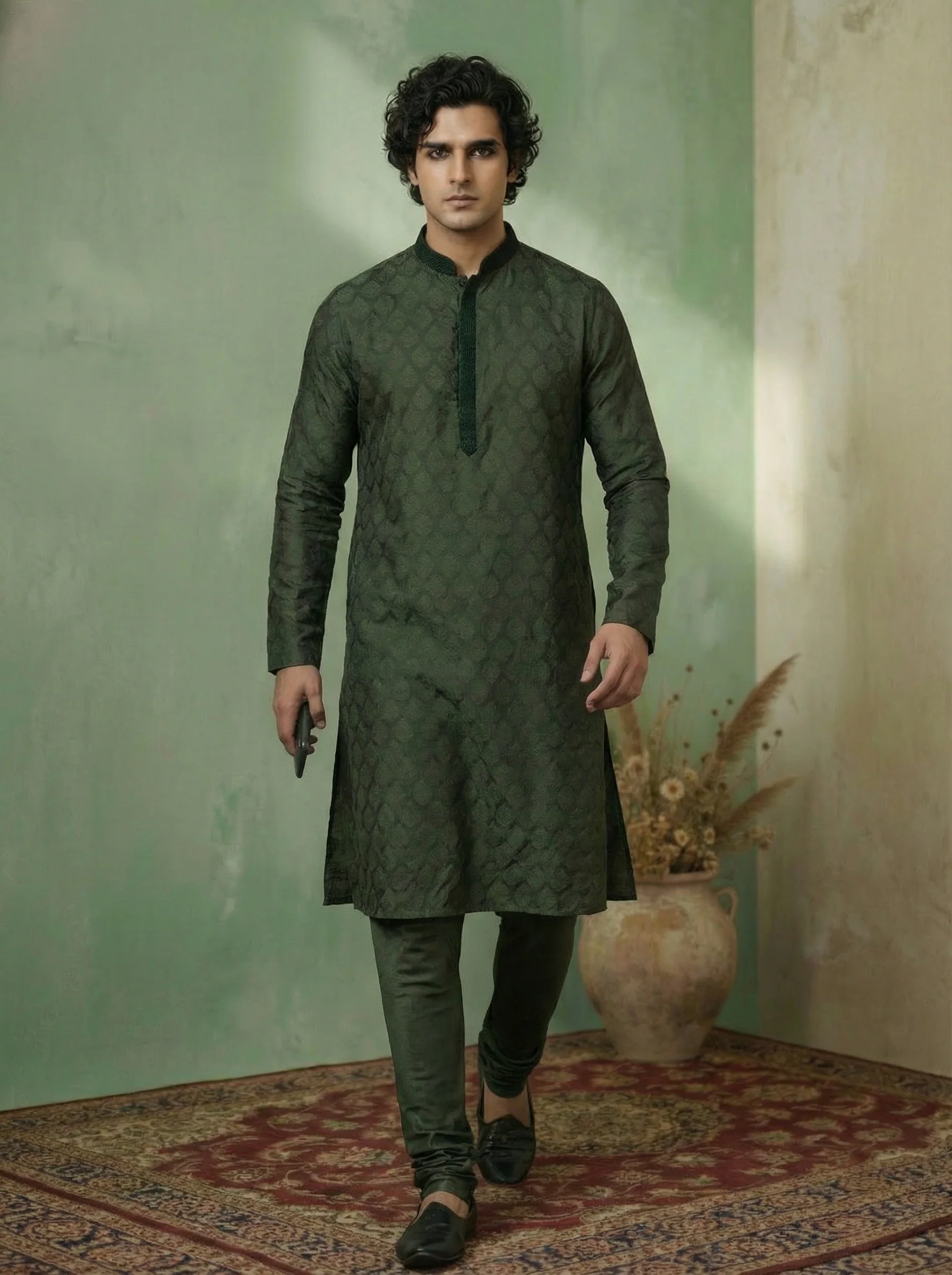 Olive Silk Blend Jacquard Kurta Churidar Set