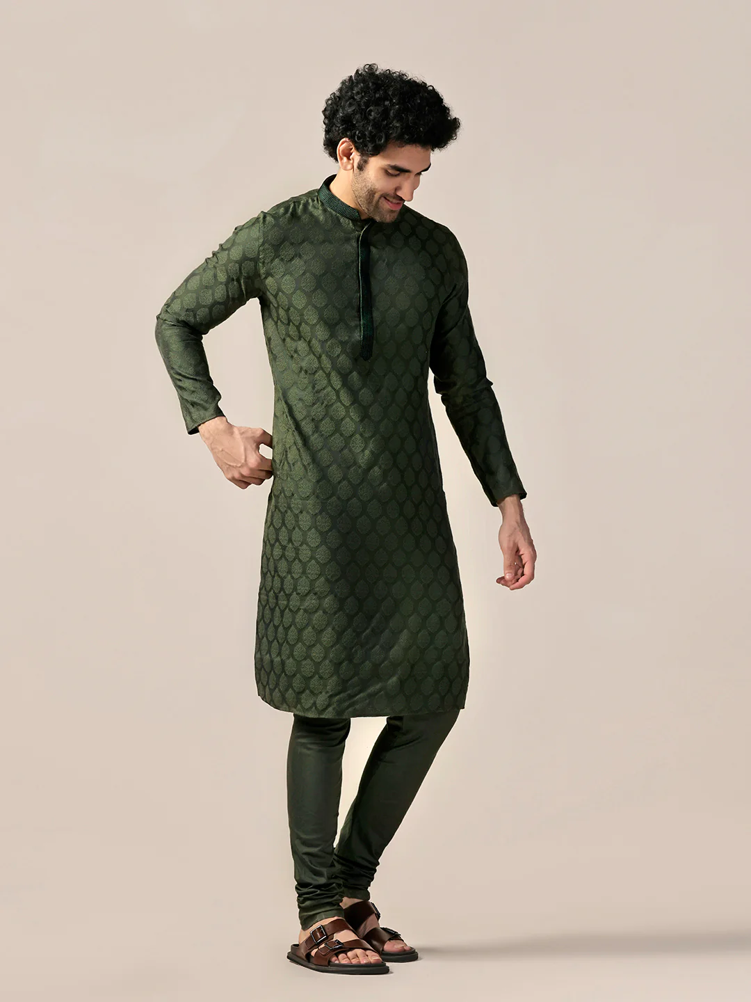 Olive Silk Blend Jacquard Kurta Churidar Set - Image 3