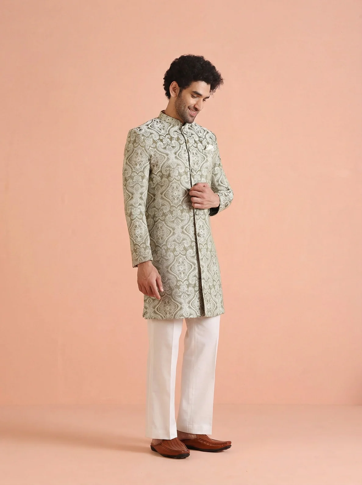 Olive Silk Blend Jacquard Sherwani Wide Leg Trouser Set - Image 2