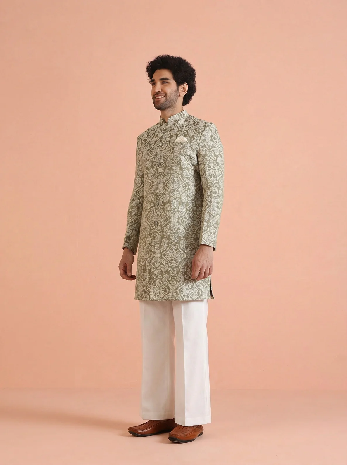 Olive Silk Blend Jacquard Sherwani Wide Leg Trouser Set - Image 7