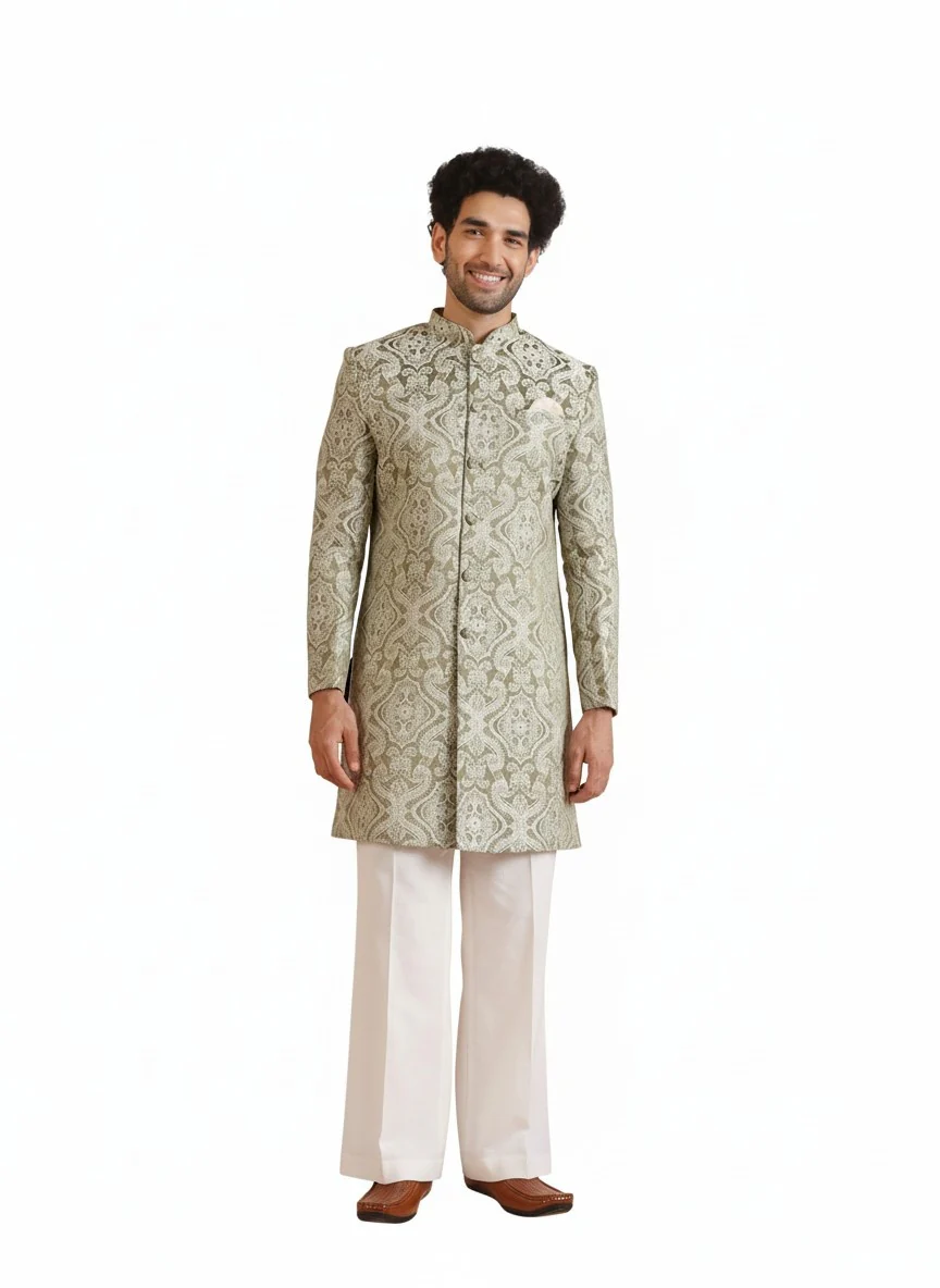 Olive Silk Blend Jacquard Sherwani Wide Leg Trouser Set - Image 8