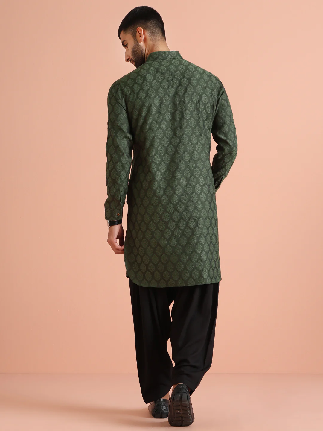 Olive Silk Blend Self Design Pathani Kurta Patiyala Set - Image 4