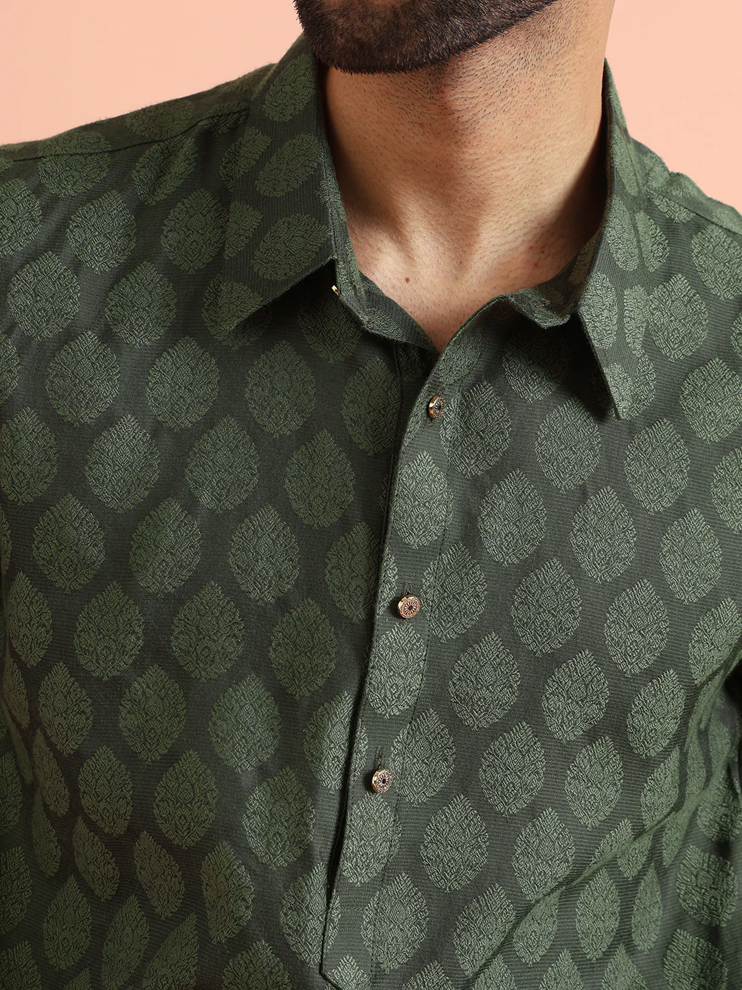 Olive Silk Blend Self Design Pathani Kurta Patiyala Set - Image 5