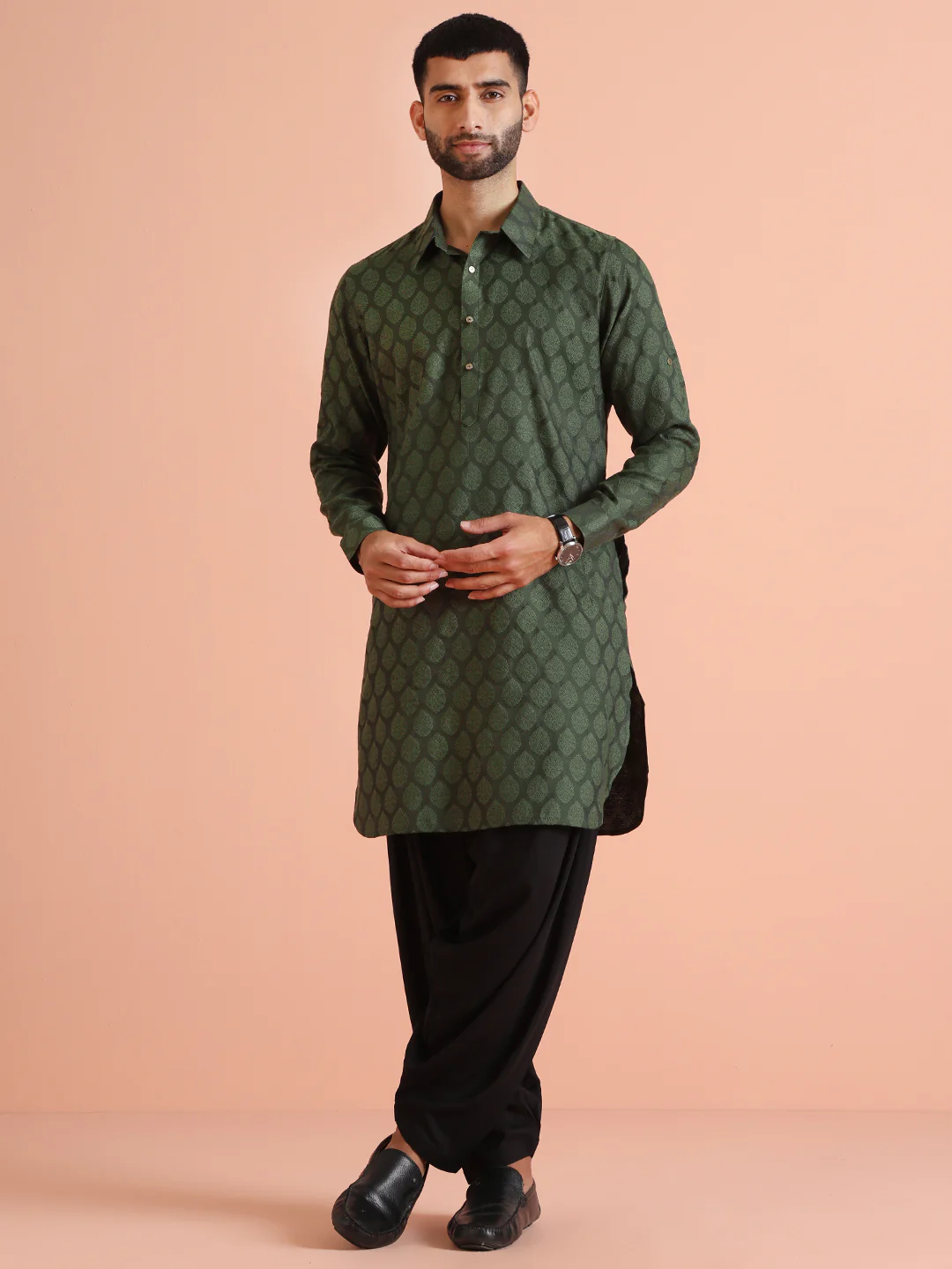 Olive Silk Blend Self Design Pathani Kurta Patiyala Set - Image 8