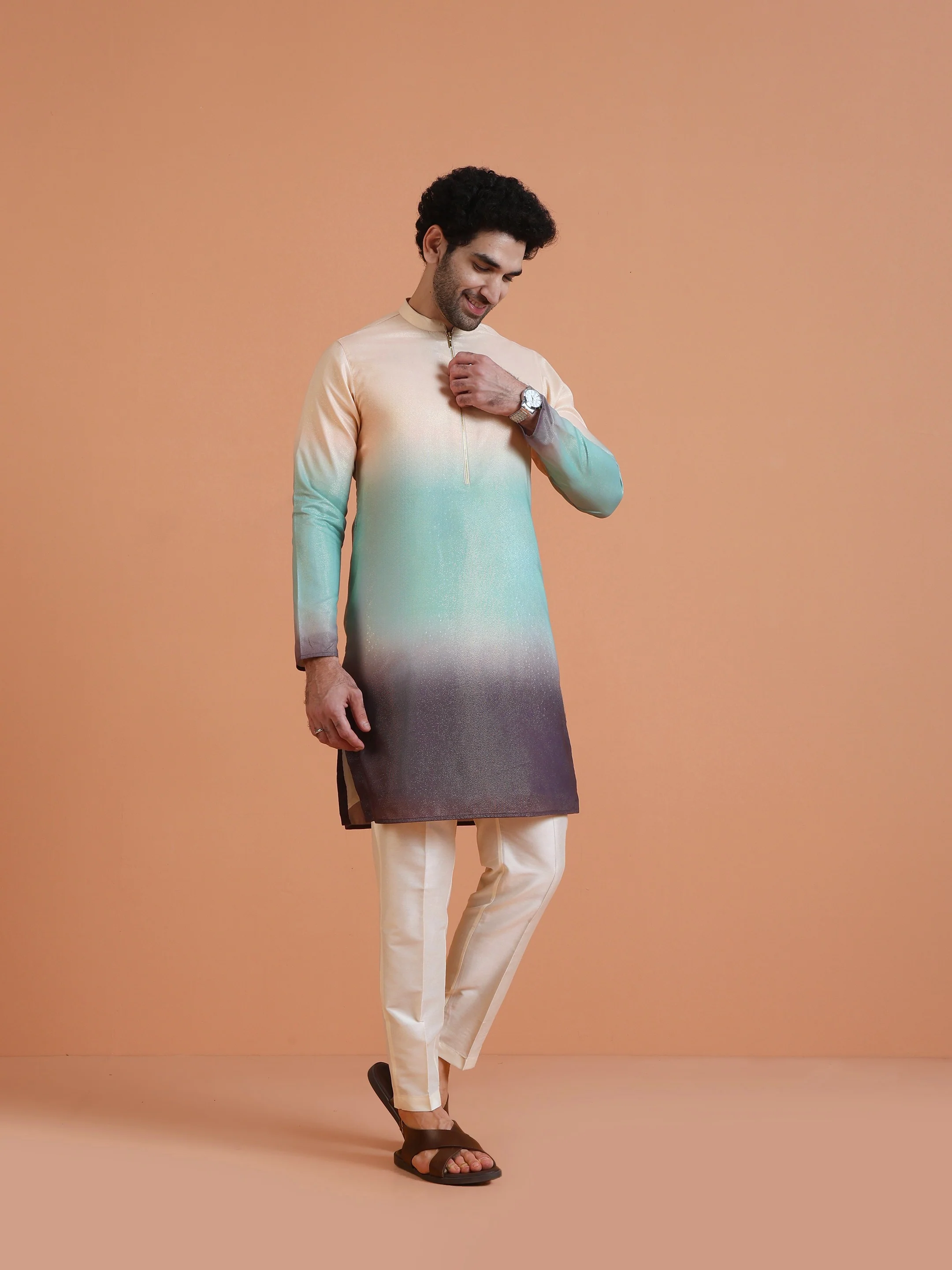 Ombre Dyed Kurta with Cream Trouser Set- Contemporary Wear - Image 3