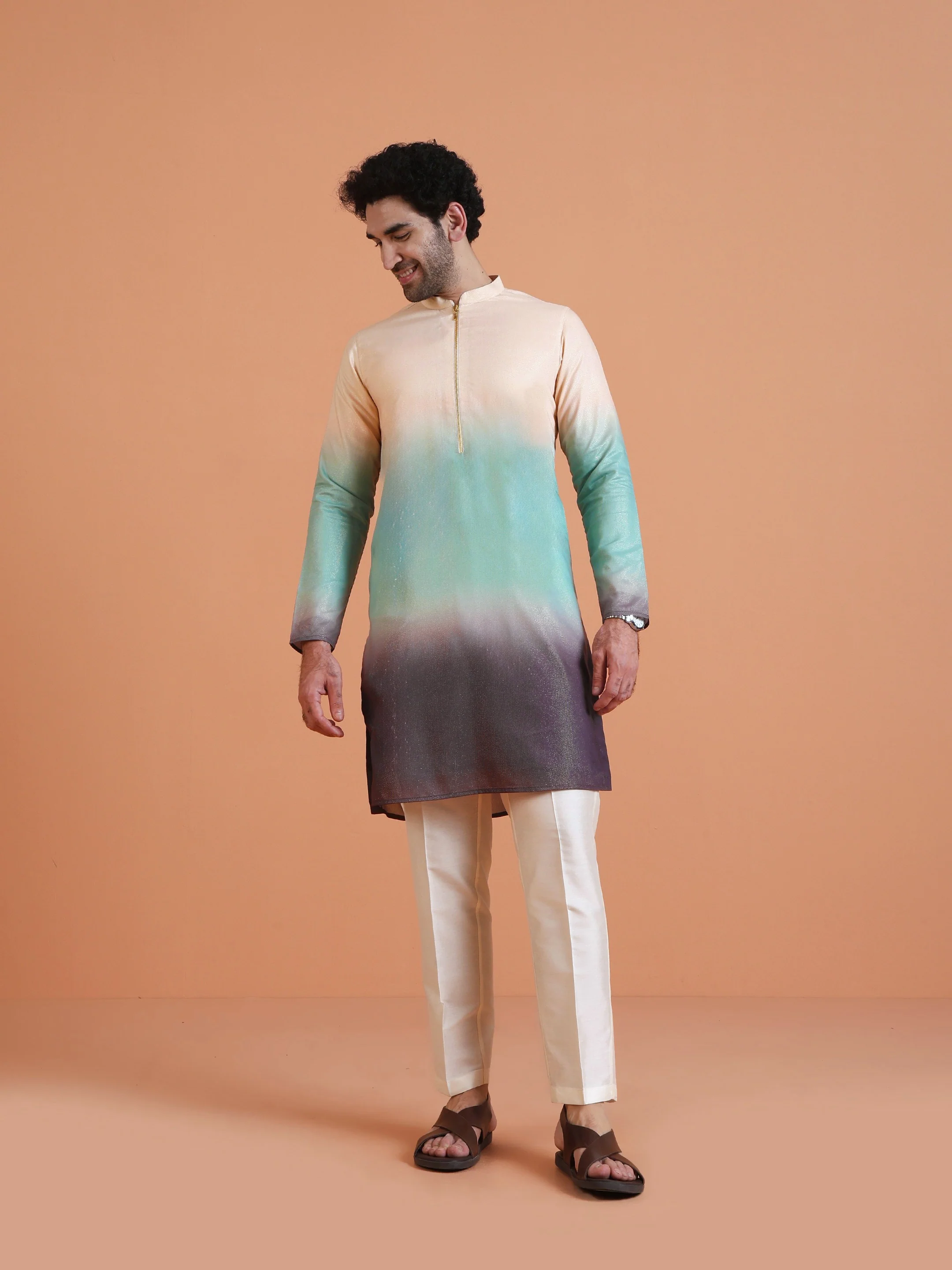 Ombre Dyed Kurta with Cream Trouser Set- Contemporary Wear - Image 7