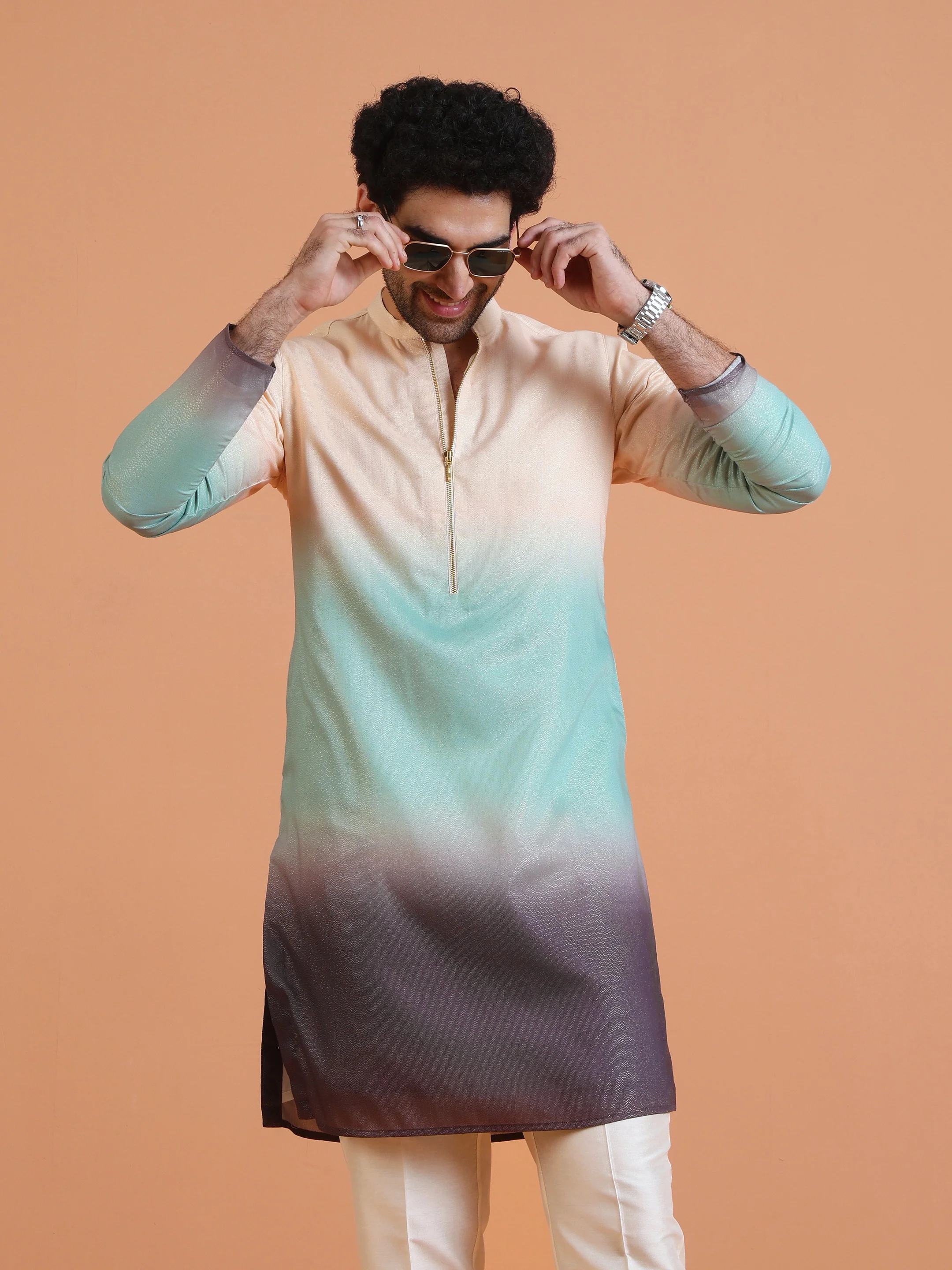 Ombre Dyed Kurta with Cream Trouser Set- Contemporary Wear - Image 8