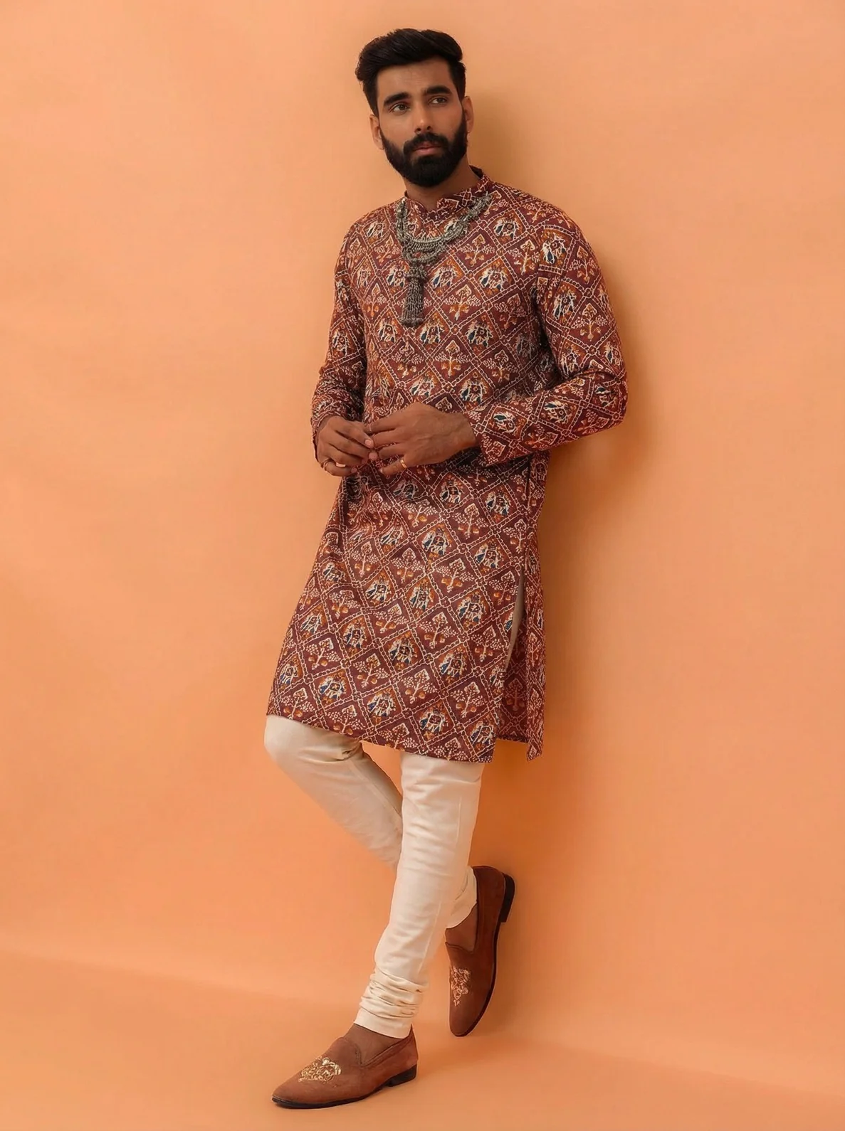 Onion Pink Cotton Blend Printed Kurta Churidar Set