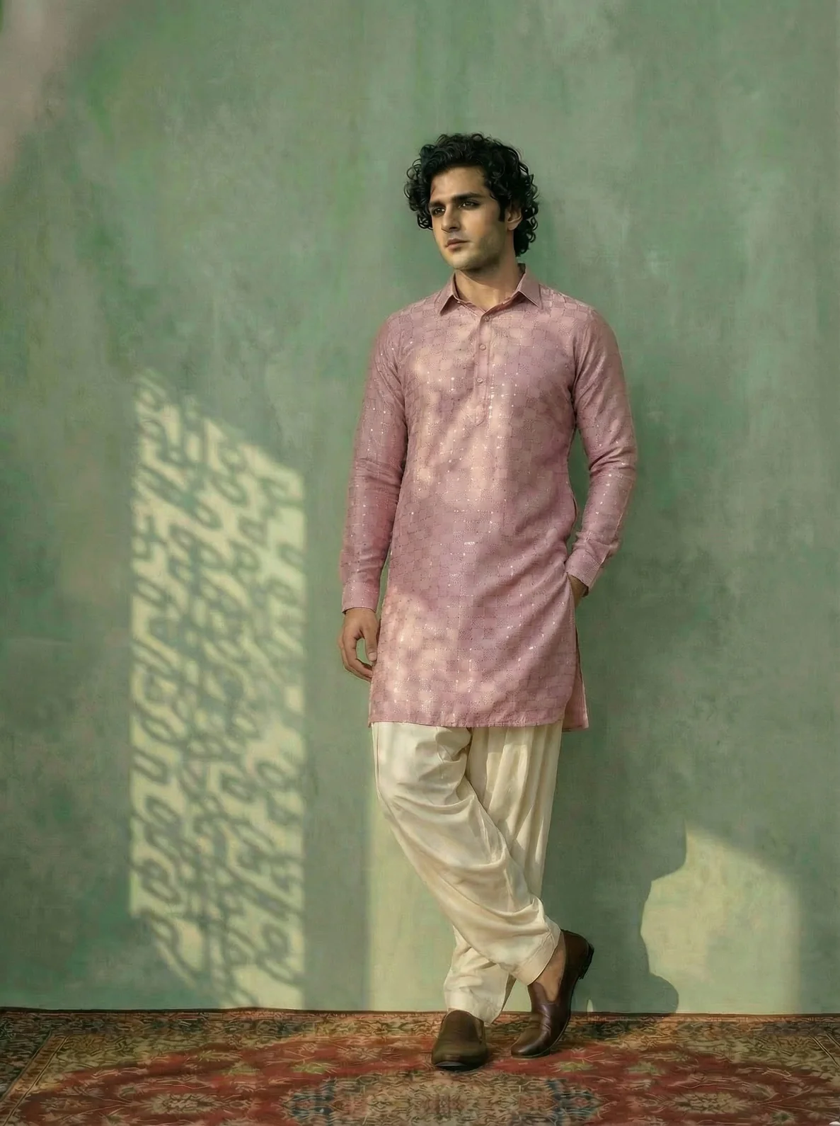 Onion Pink Viscose Embellished Pathani Kurta