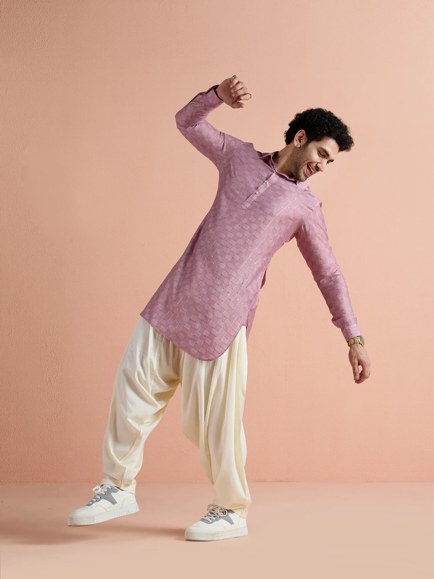 Onion Pink Viscose Embellished Pathani Kurta - Image 10