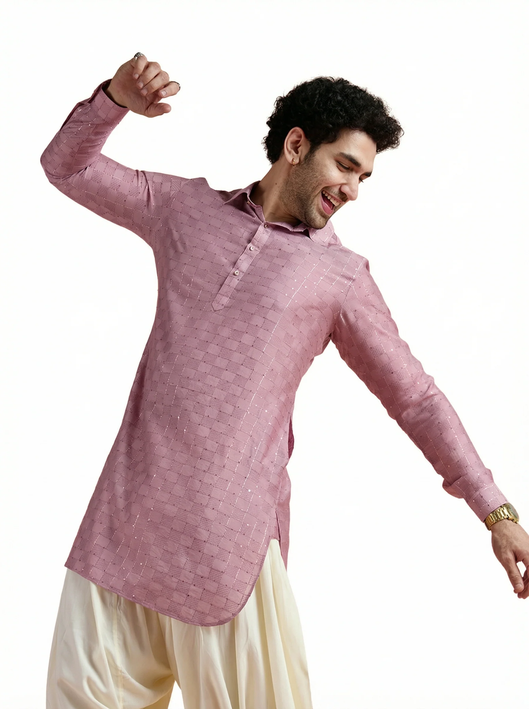 Onion Pink Viscose Embellished Pathani Kurta - Image 11