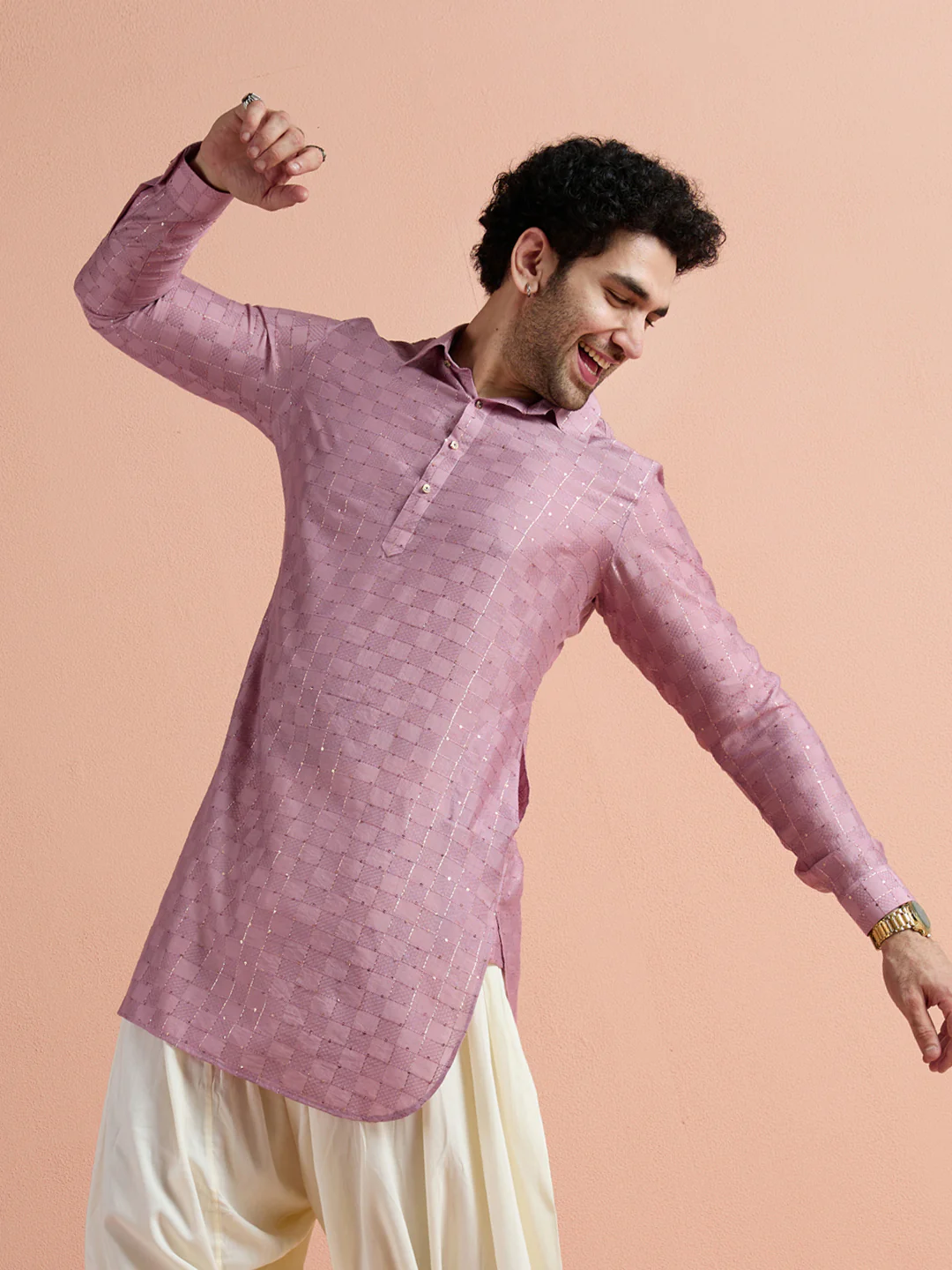 Onion Pink Viscose Embellished Pathani Kurta - Image 2