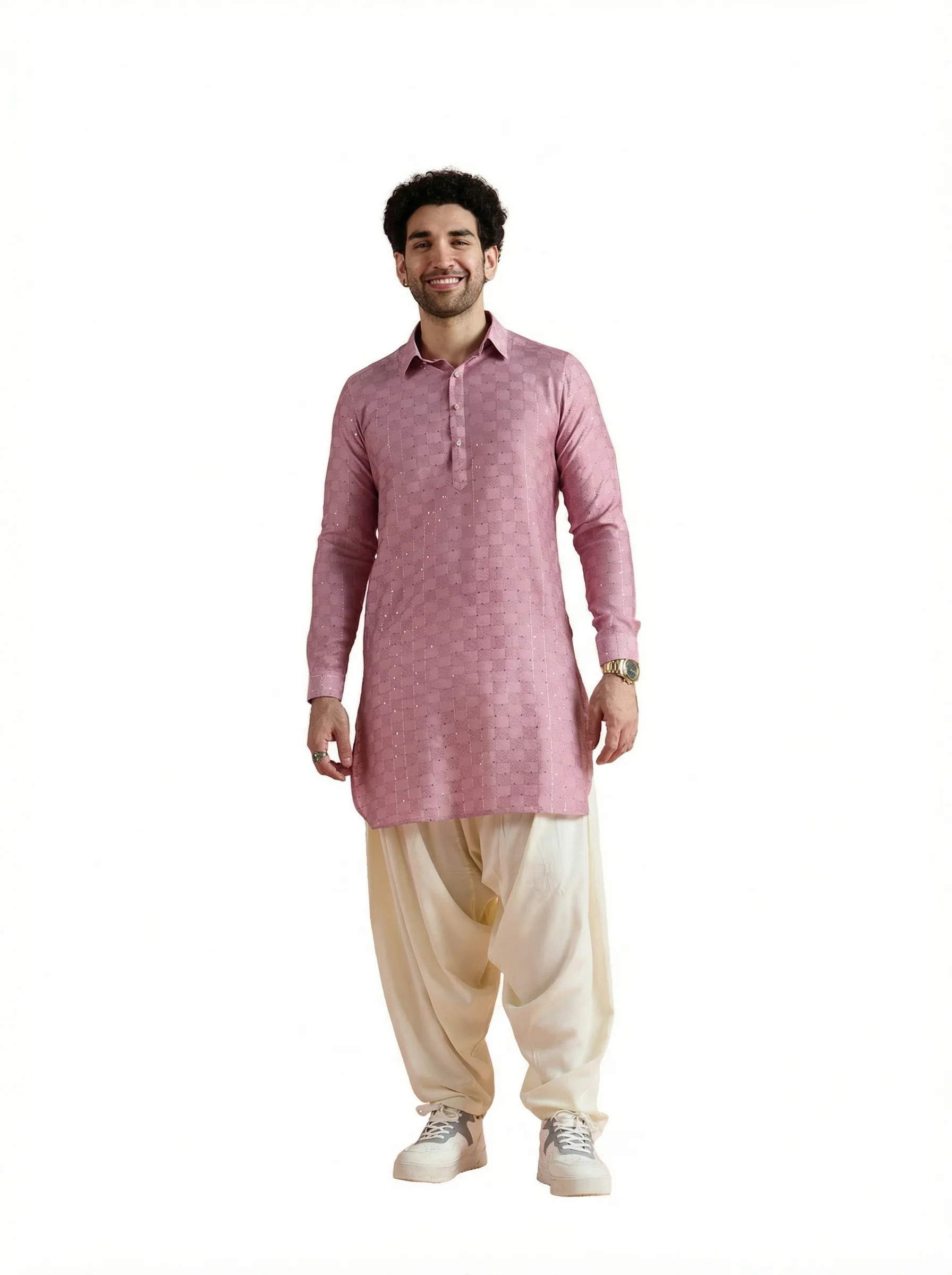 Onion Pink Viscose Embellished Pathani Kurta Patiyala Set - Image 12