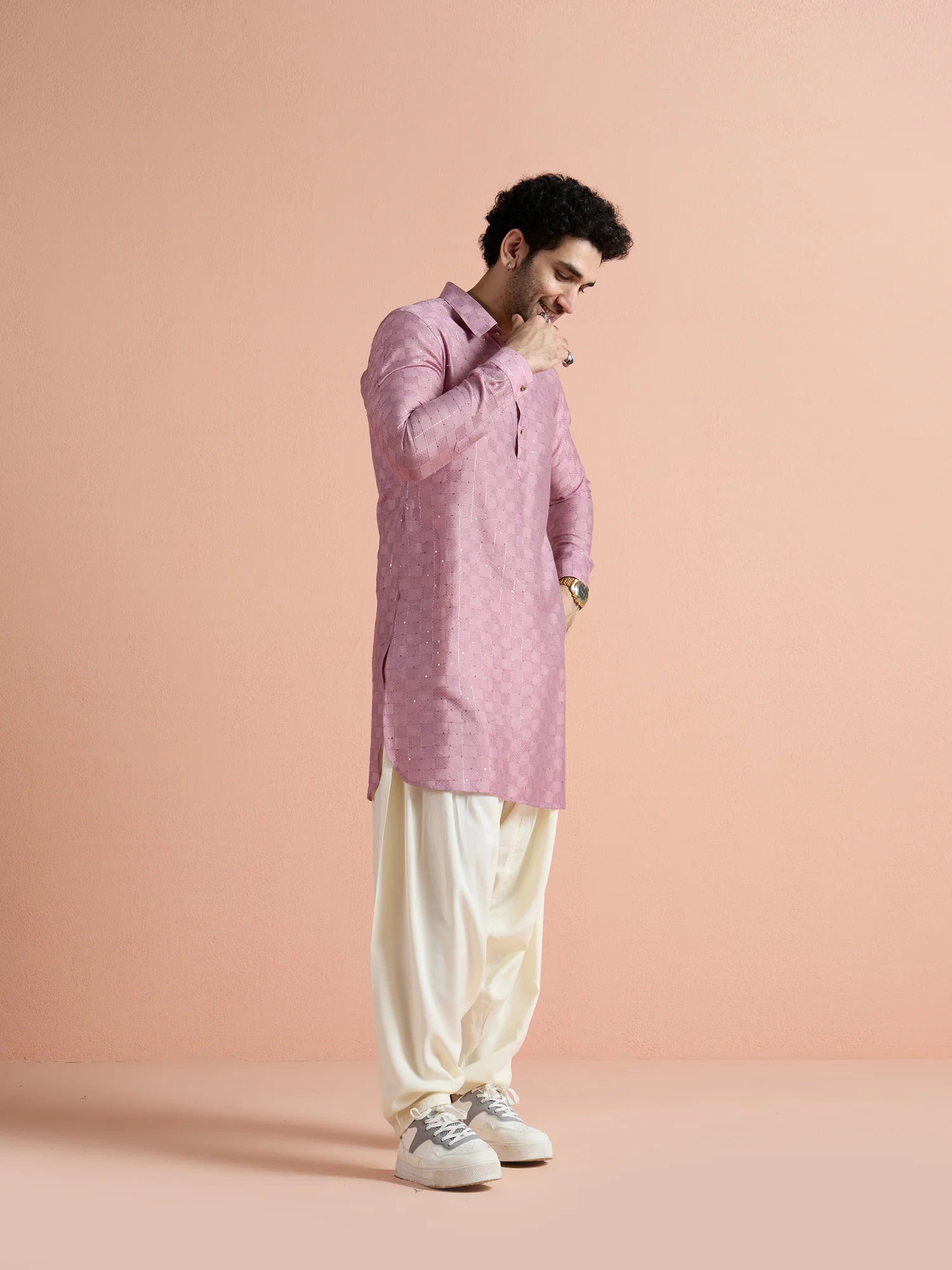 Onion Pink Viscose Embellished Pathani Kurta Patiyala Set - Image 3