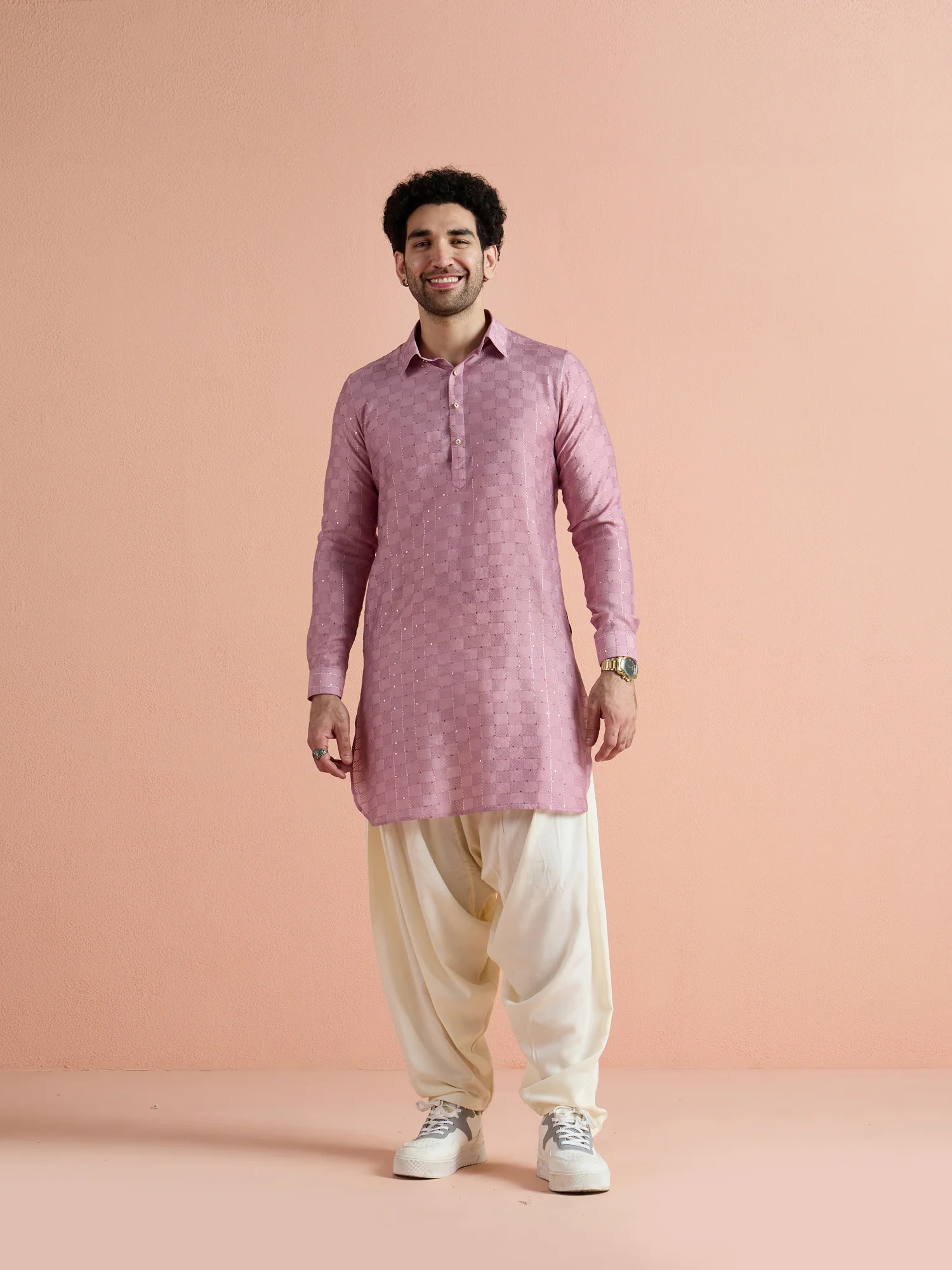 Onion Pink Viscose Embellished Pathani Kurta Patiyala Set - Image 4