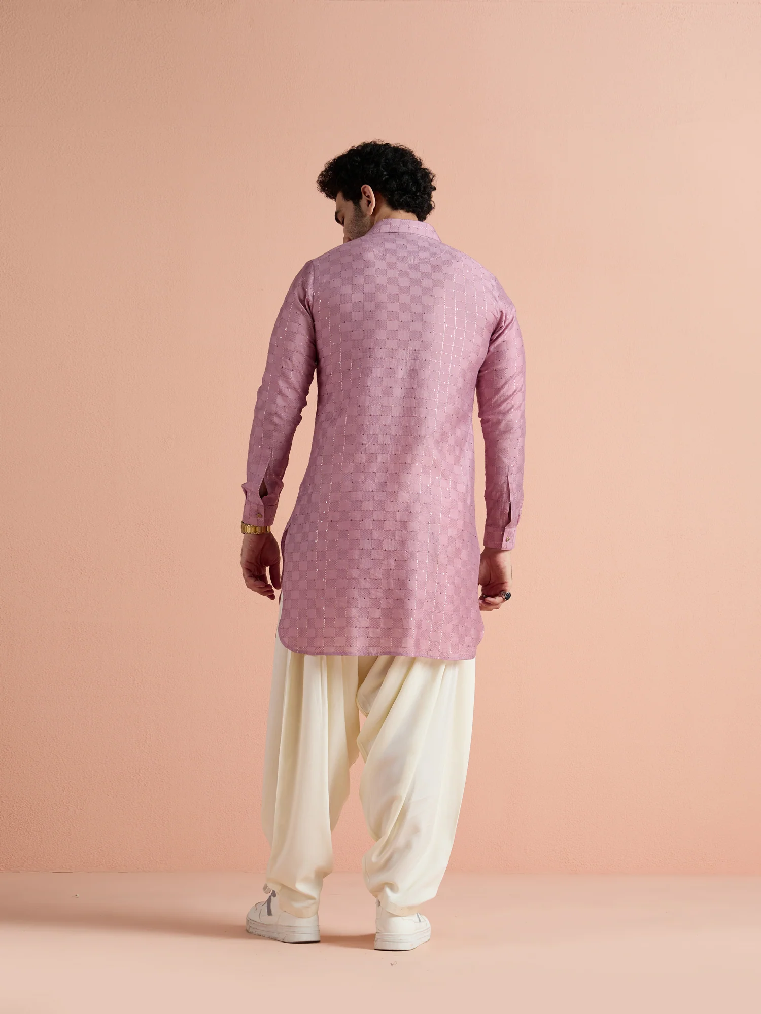 Onion Pink Viscose Embellished Pathani Kurta Patiyala Set - Image 5