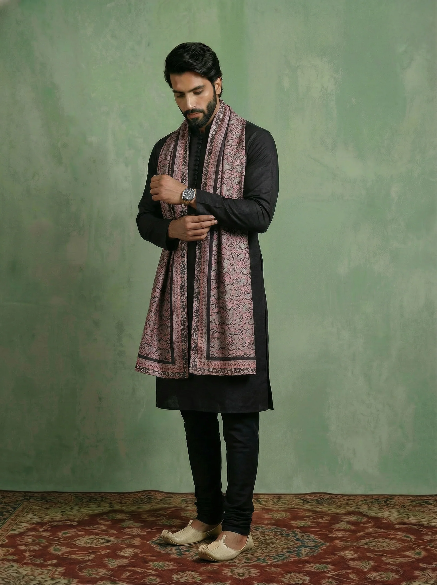Onyx Black Cotton Blend Printed Kurta Churidar Set With Dupatta