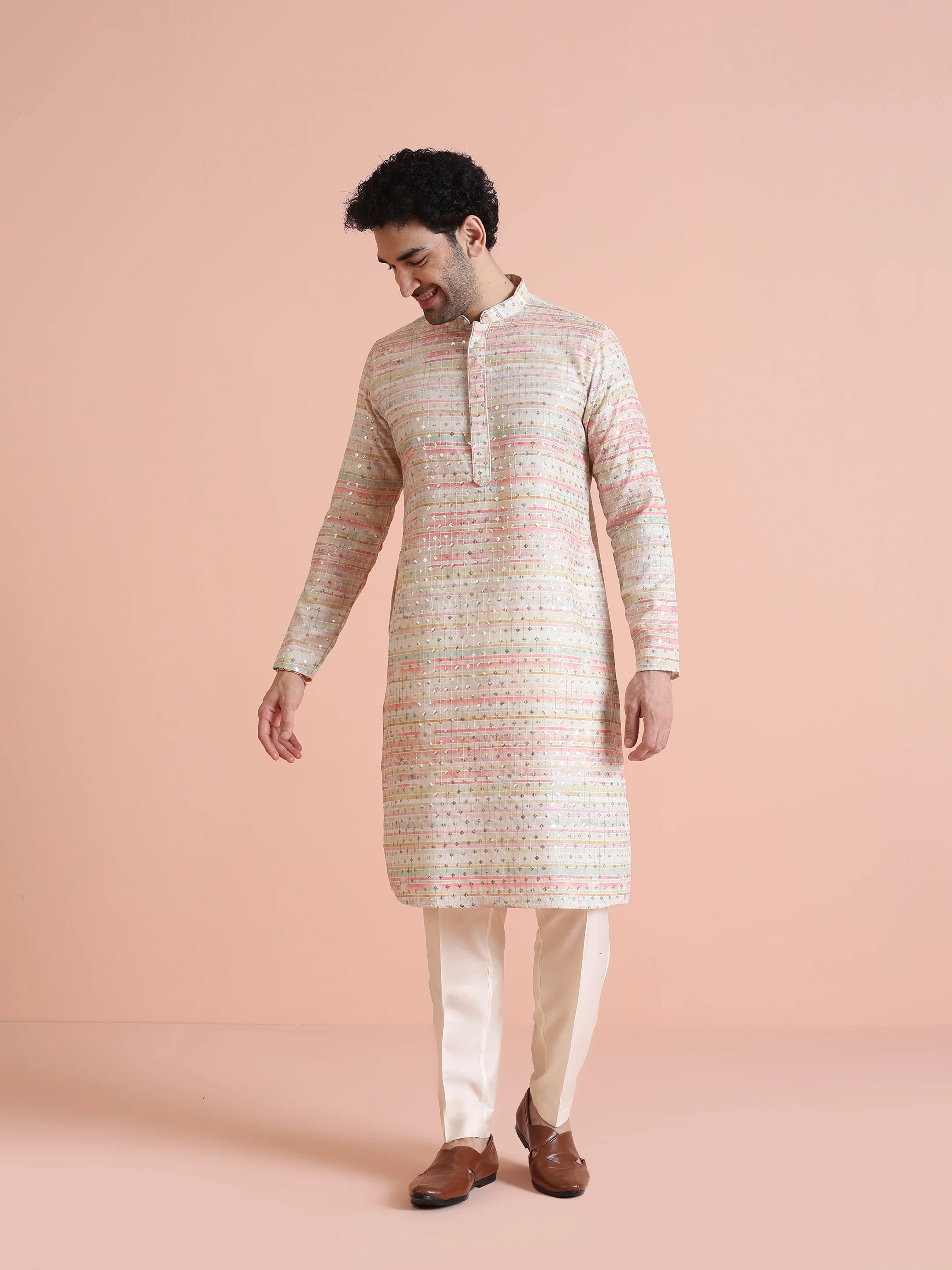 Pastel Cotton Blend Embellished Kurta Trouser Set - Image 7