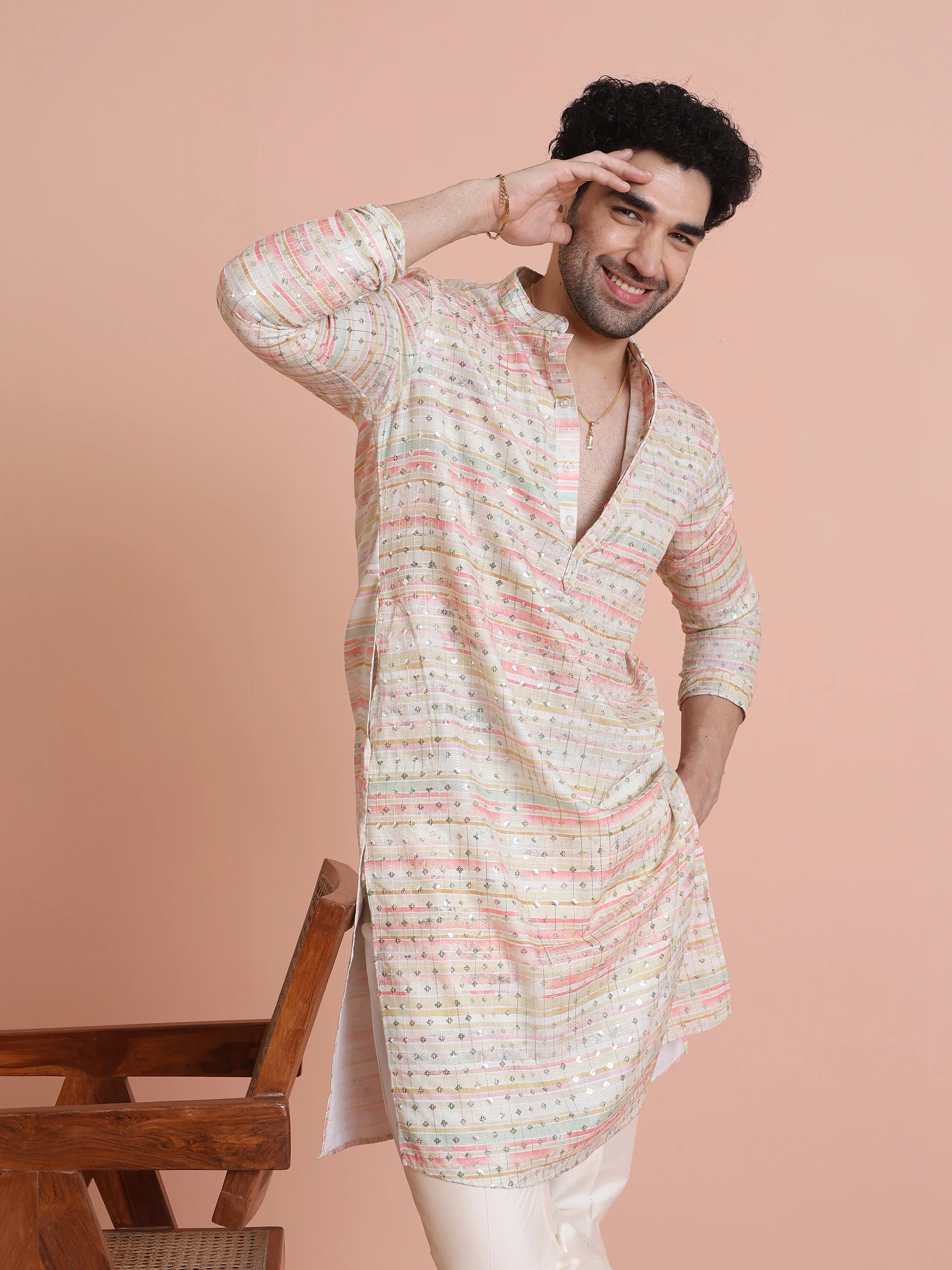 Pastel Cotton Blend Embellished Kurta Trouser Set - Image 8